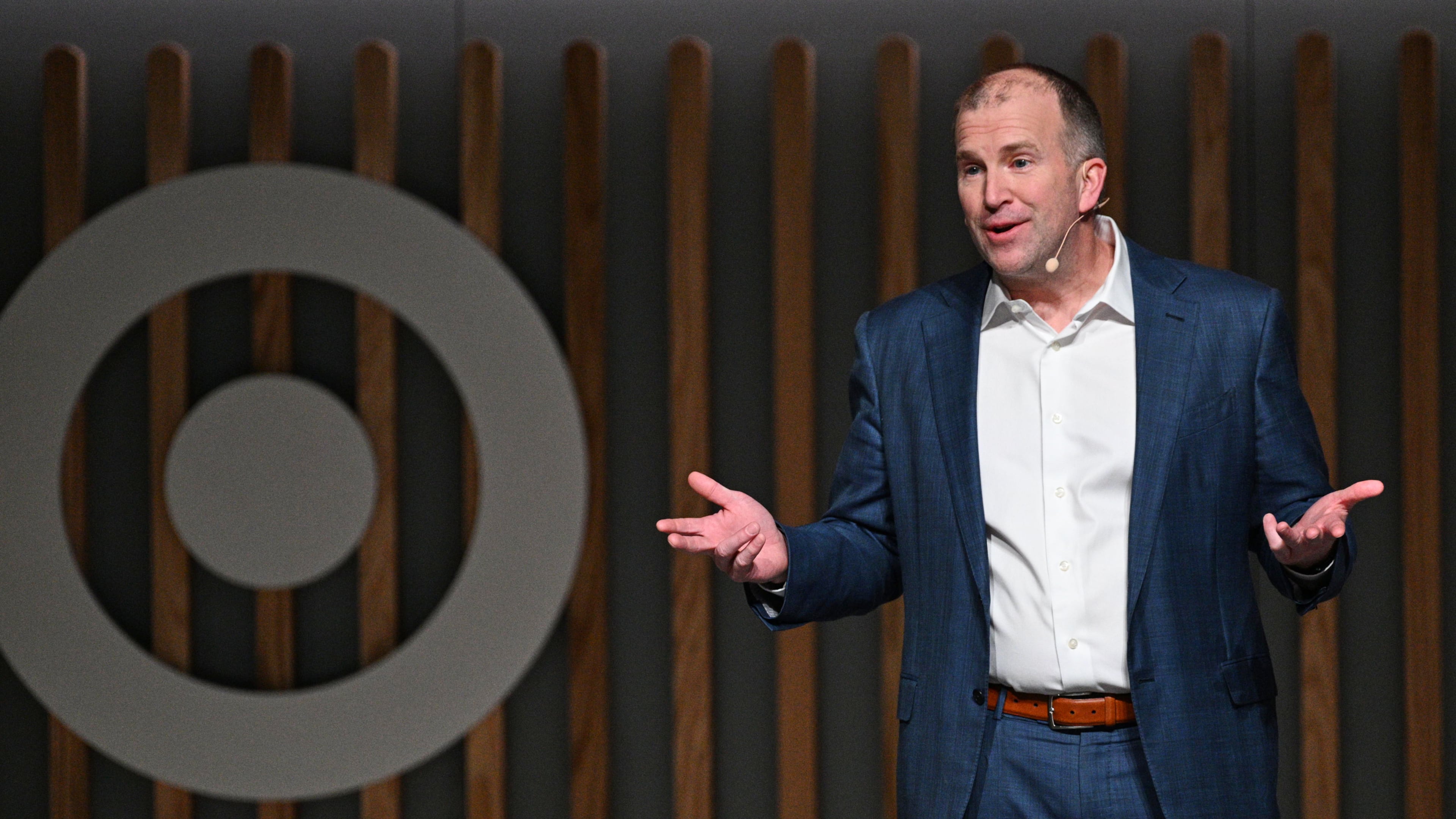 FILE - Target CEO Michael Fiddelke speaks at Target's Financial Community Meeting at Target headquarters in Minneapolis, Tuesday, March 3, 2026. (AP Photo/Tom Baker, File)