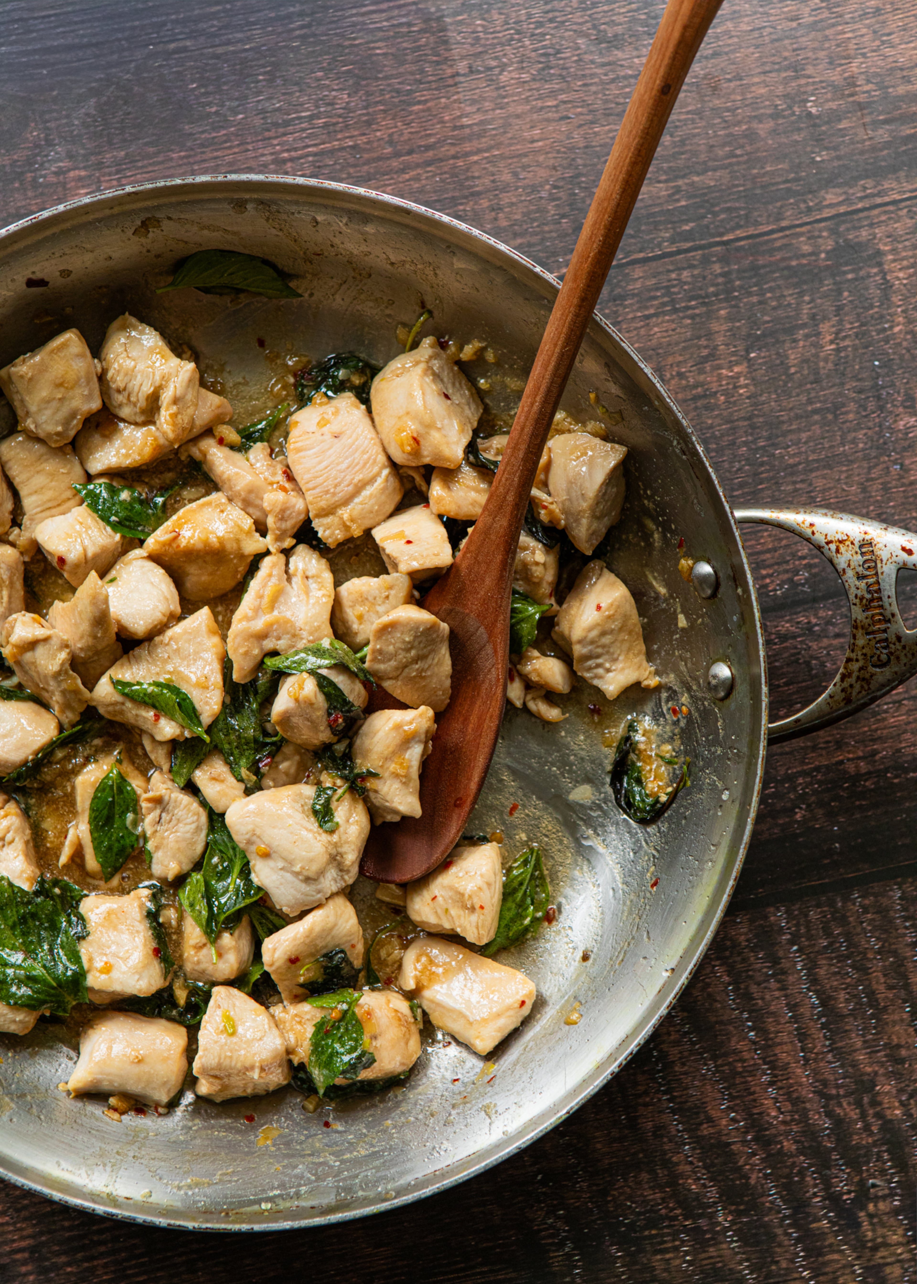 Thai-Style Chicken Basil Stir Fry made and styled by writer Kate Itrich-Williams at her home in Atlanta, GA. Photo taken on Thursday, August 27th 2026 for the 5:30 challenge. (Aaliyah Man for the AJC)