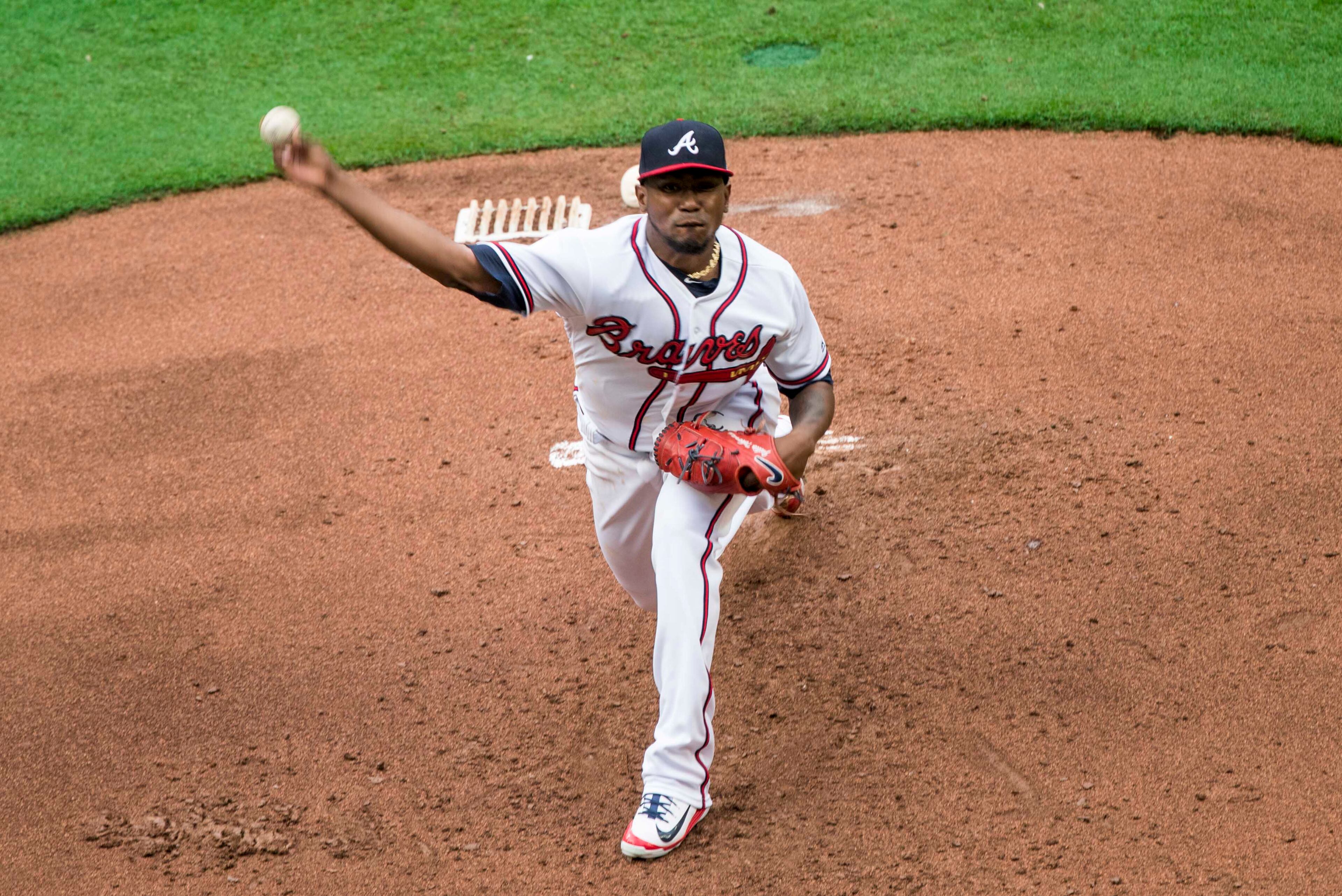 03/29/2018 -- Atlanta, GA - Braves Julio Teheran pitches the ball during the season opener game against the Phillies at SunTrust Park, Thursday, March 29, 2018. ALYSSA POINTER/ALYSSA.POINTER@AJC.COM