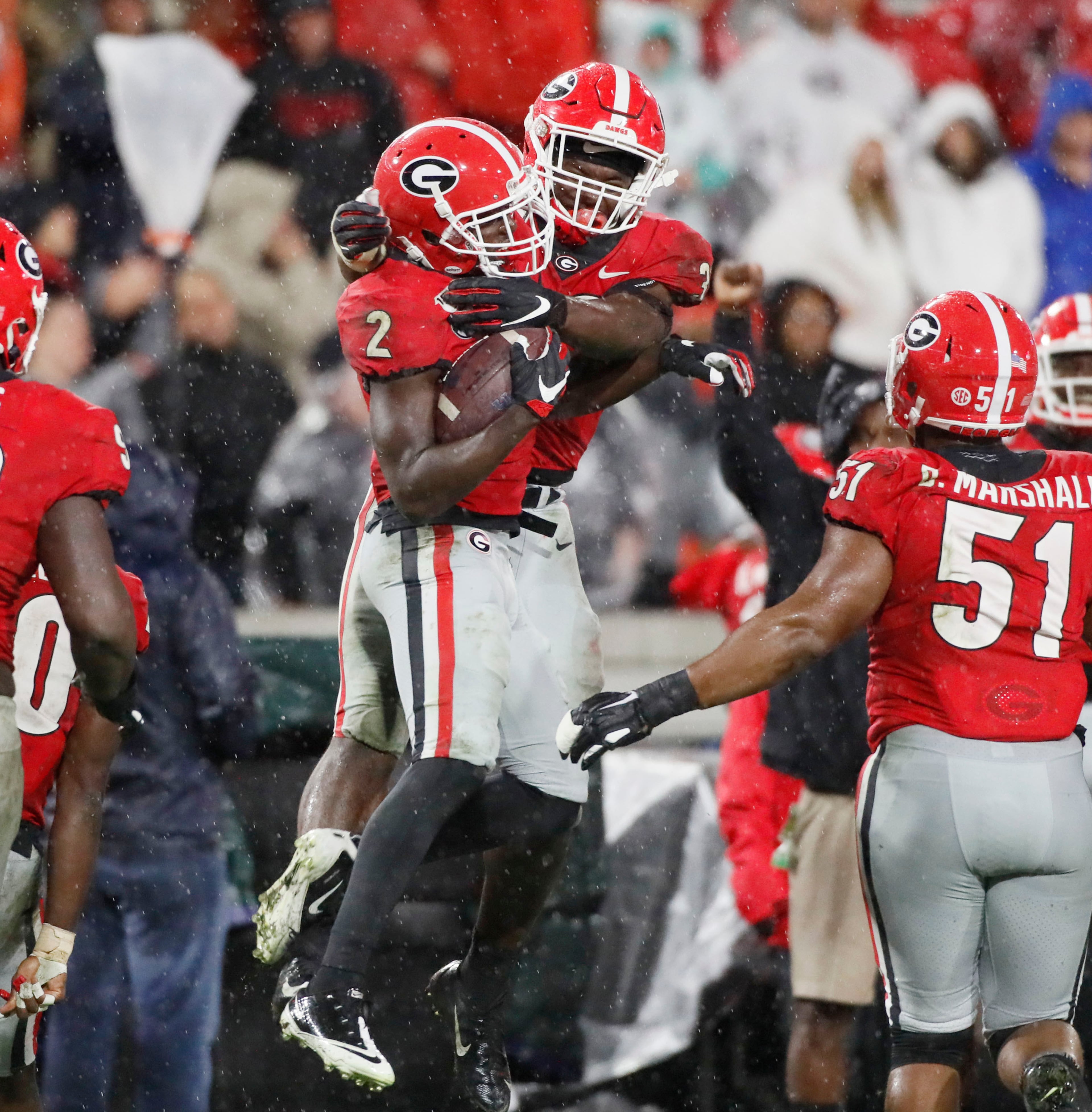 Georgia Bulldogs defensive back Richard LeCounte (2) celebrates after he recovered a fumble. Bob Andres / robert.andres@ajc.com
