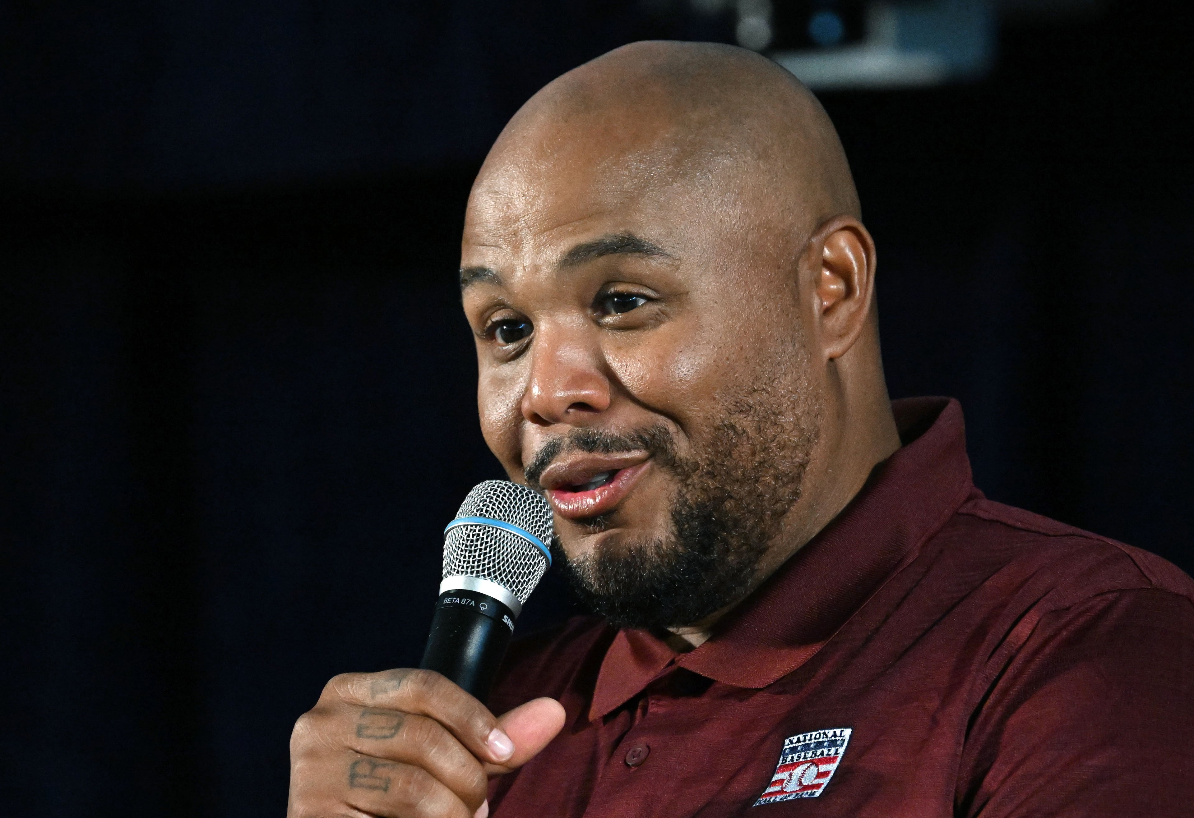 Former Brave Andruw Jones speaks during a news conference at the Clark Sports Center on Saturday, July 25, 2026, in Cooperstown, N.Y. Jones will be inducted into the National Baseball Hall of Fame on Sunday as part of the Class of 2026, alongside Carlos Beltrán and Jeff Kent. (Hyosub Shin/AJC)