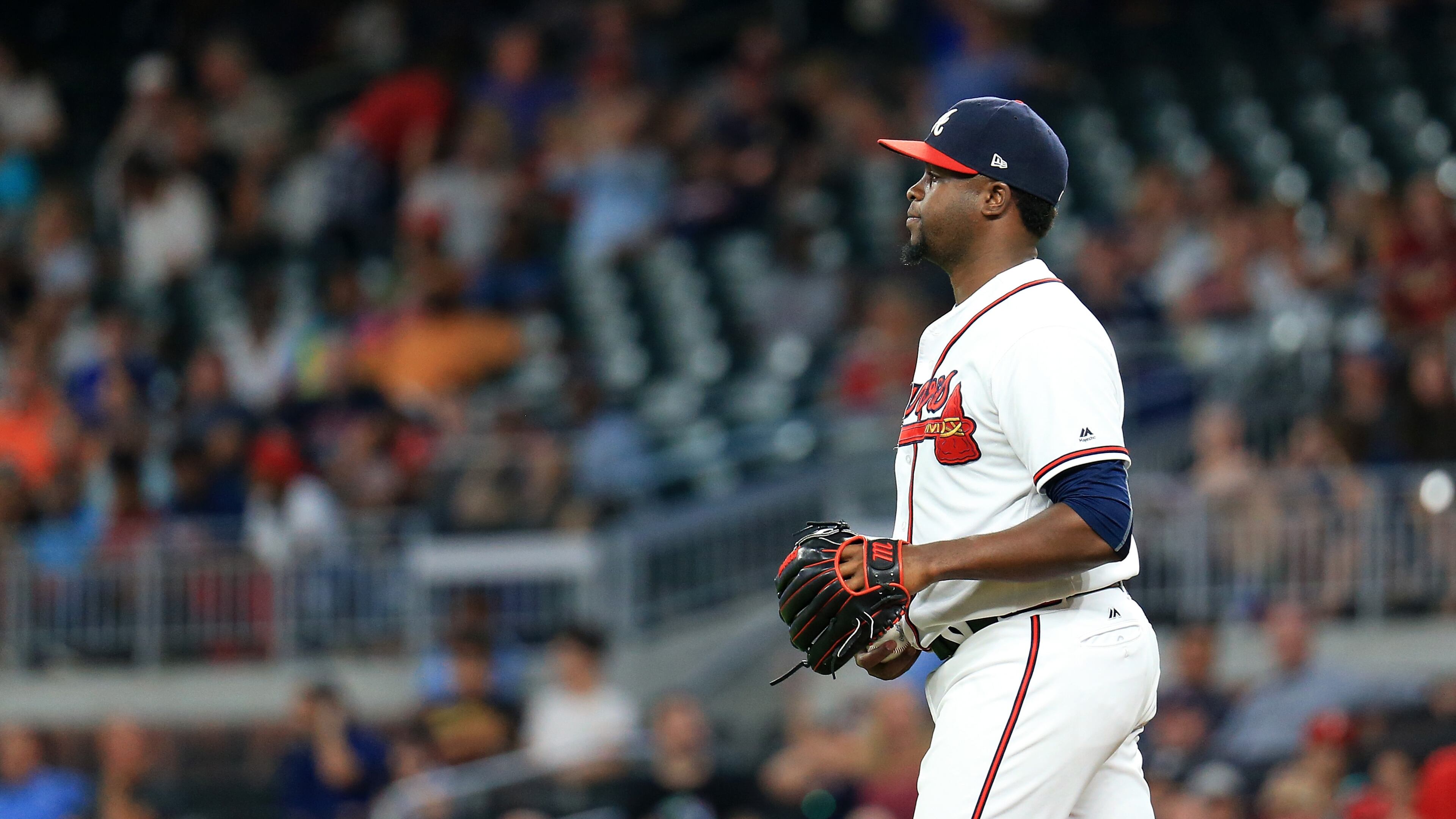Braves reliever Arodys Vizcaino entered the game in the eighth inning with bases loaded and walked three batters in a row. (Photo by Daniel Shirey/Getty Images)