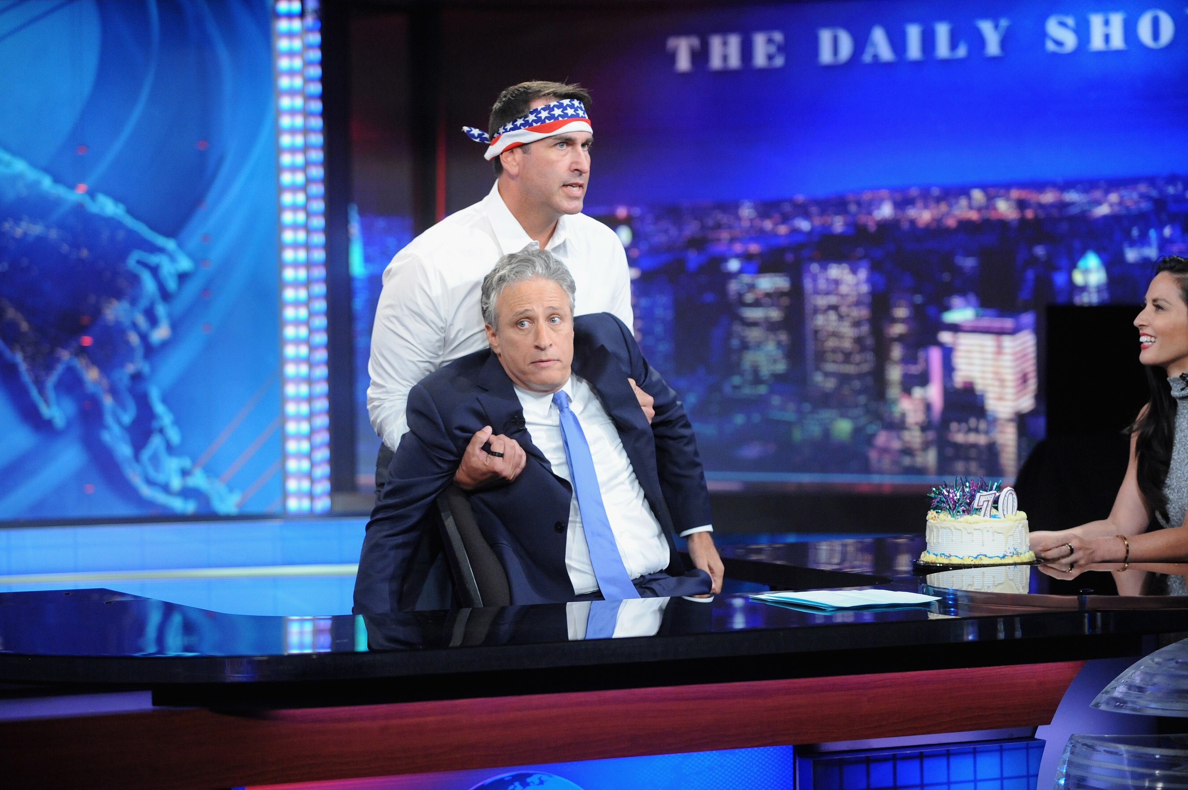 NEW YORK, NY - AUGUST 06: Host Jon Stewart, Rob Riggle and Olivia Munn appear on "The Daily Show with Jon Stewart" #JonVoyage on August 6, 2015 in New York City. (Photo by Brad Barket/Getty Images for Comedy Central)