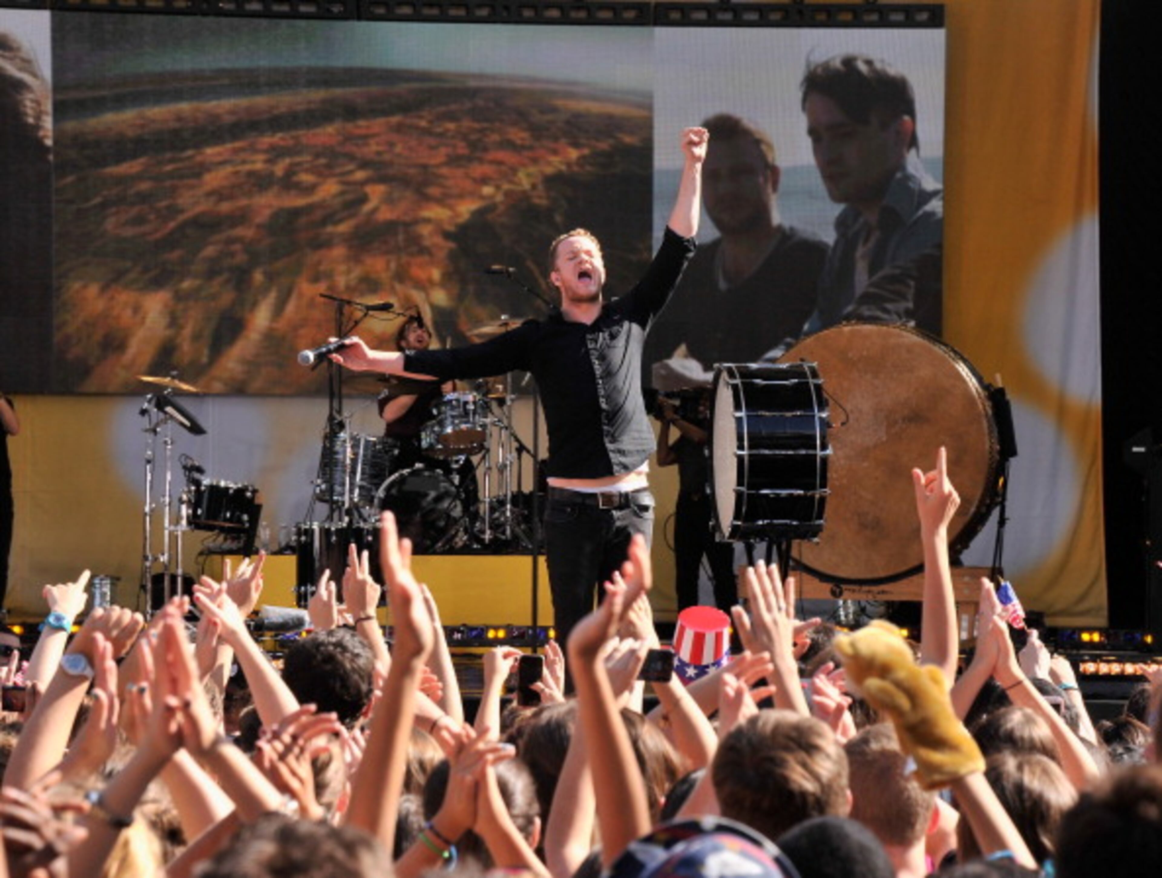 NEW YORK, NY - JULY 05: Singer Dan Reynolds of Imagine Dragons performs on ABC's "Good Morning America" at Rumsey Playfield on July 5, 2013 in New York City. (Photo by Stephen Lovekin/Getty Images)