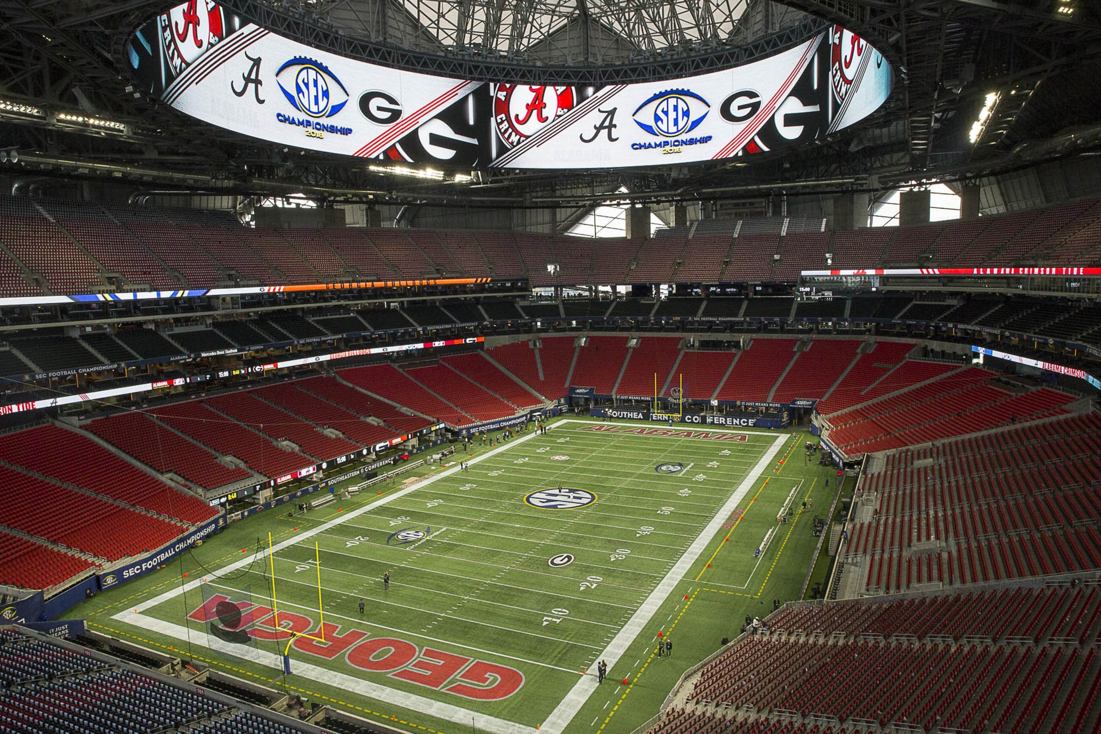 The field at MercedesBenz Stadium where Super Bowl LIII will be played on Sunday Feb. 3. Multiple public safety and law enforcement agencies have planned for the big day and events leading up to it. (ALYSSA POINTER/ALYSSA.POINTER@AJC.COM)