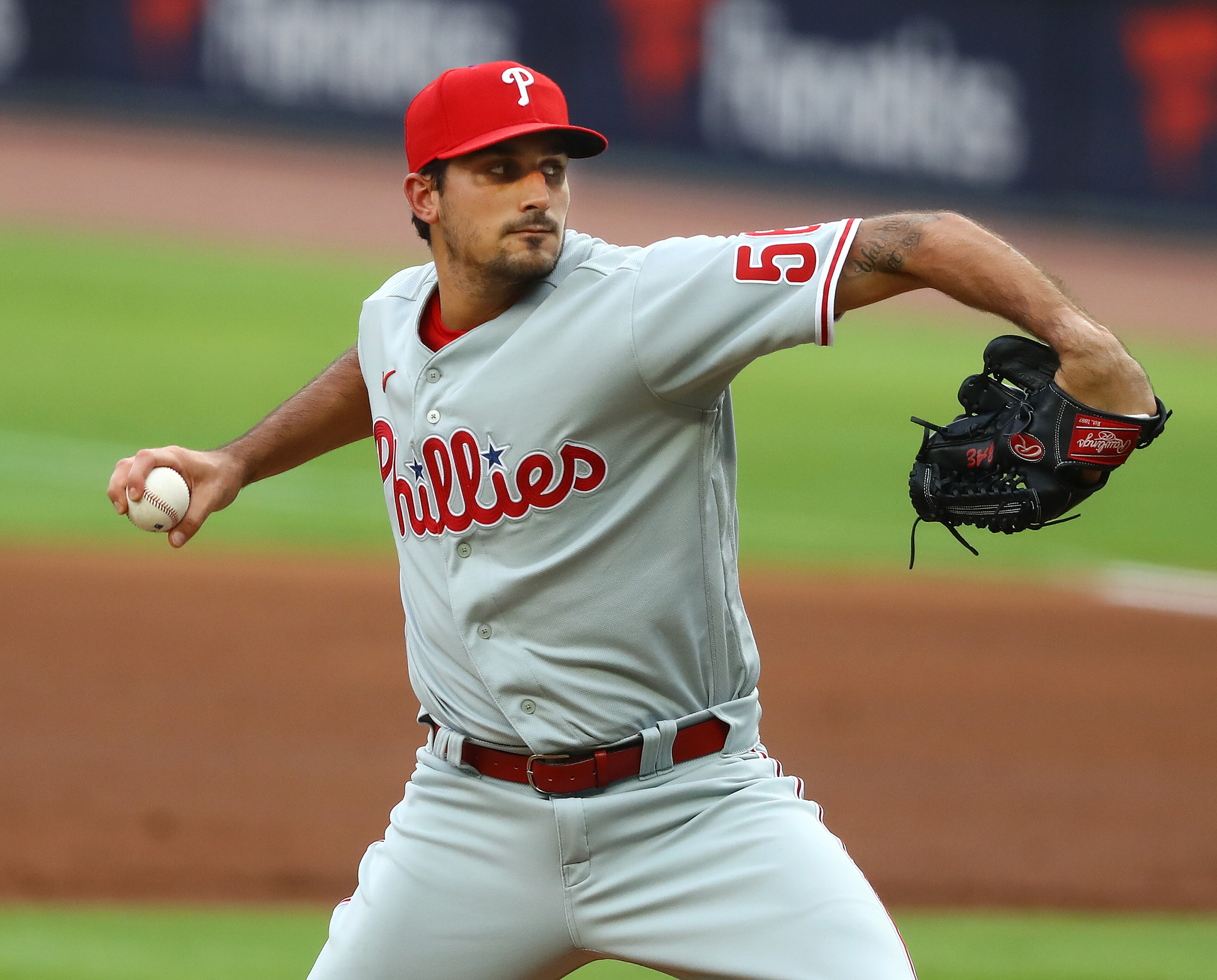 Philadelphia Phillies starting pitcher Zach Eflin delivers against the Atlanta Braves during the first inning in a MLB baseball game on Sunday, August 23, 2020 in Atlanta. Curtis Compton ccompton@ajc.com
