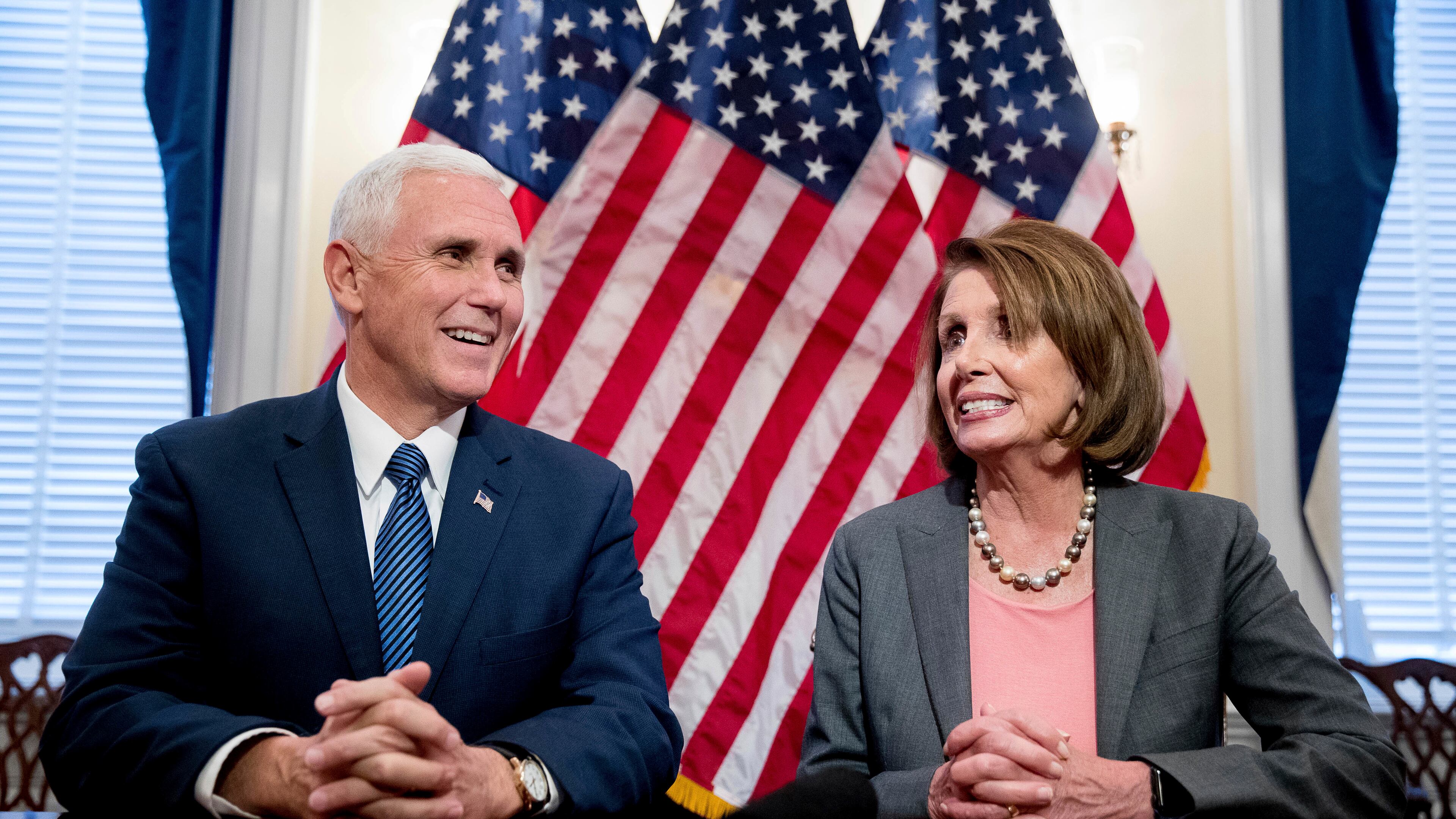 Vice President-elect Mike Pence meets with House Minority Leader Nancy Pelosi of Calif. on Capitol Hill in Washington, Thursday, Nov. 17, 2016. (AP Photo/Andrew Harnik)