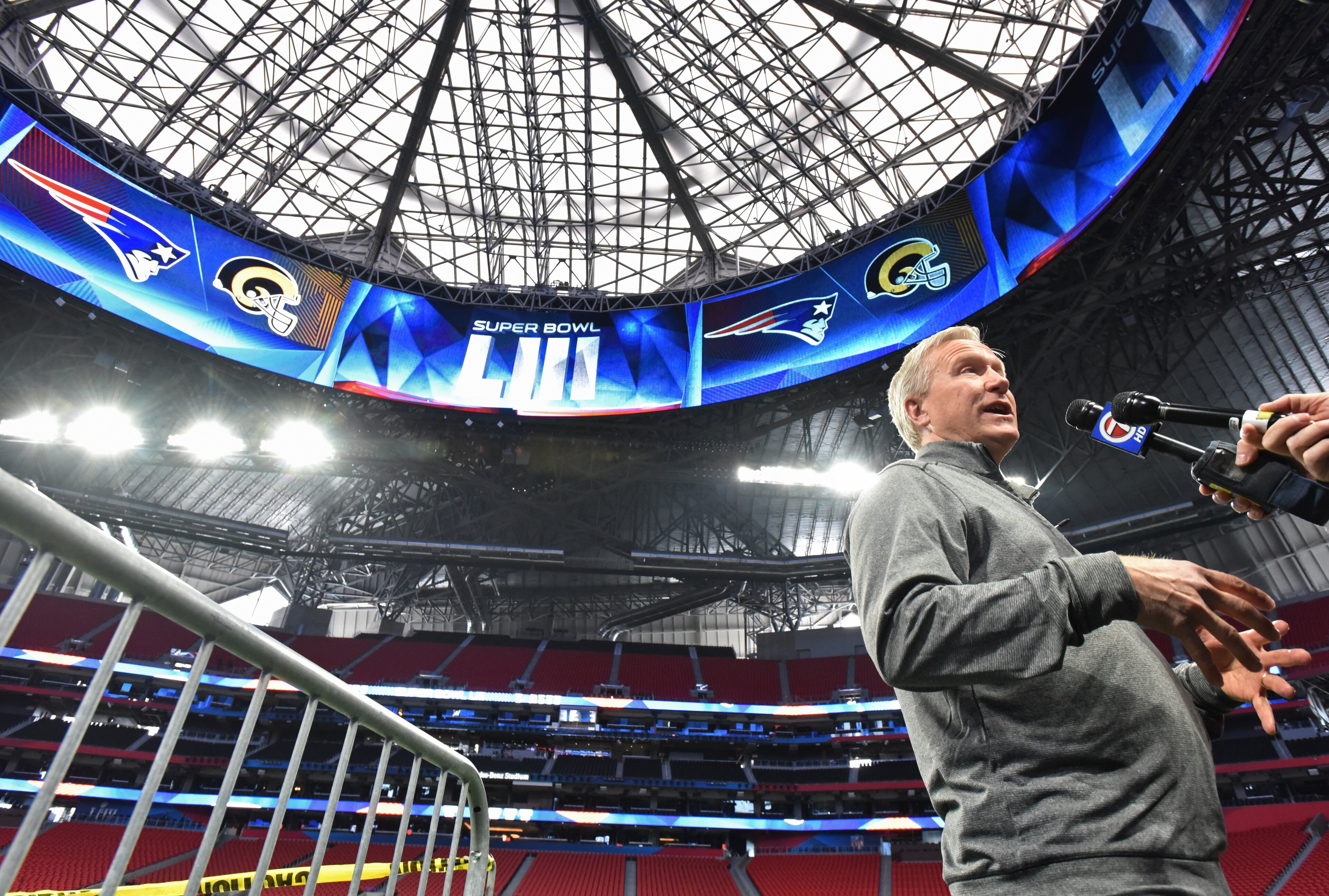 January 29, 2019 Atlanta - Scott Jenkins, general manager of Mercedes-Benz Stadium, speaks to members of the press as stadium crew works inside Mercedes-Benz Stadium getting it ready for the Super Bowl LIII between New England Patriots and Los Angeles Rams on Tuesday, January 29, 2019. HYOSUB SHIN / HSHIN@AJC.COM