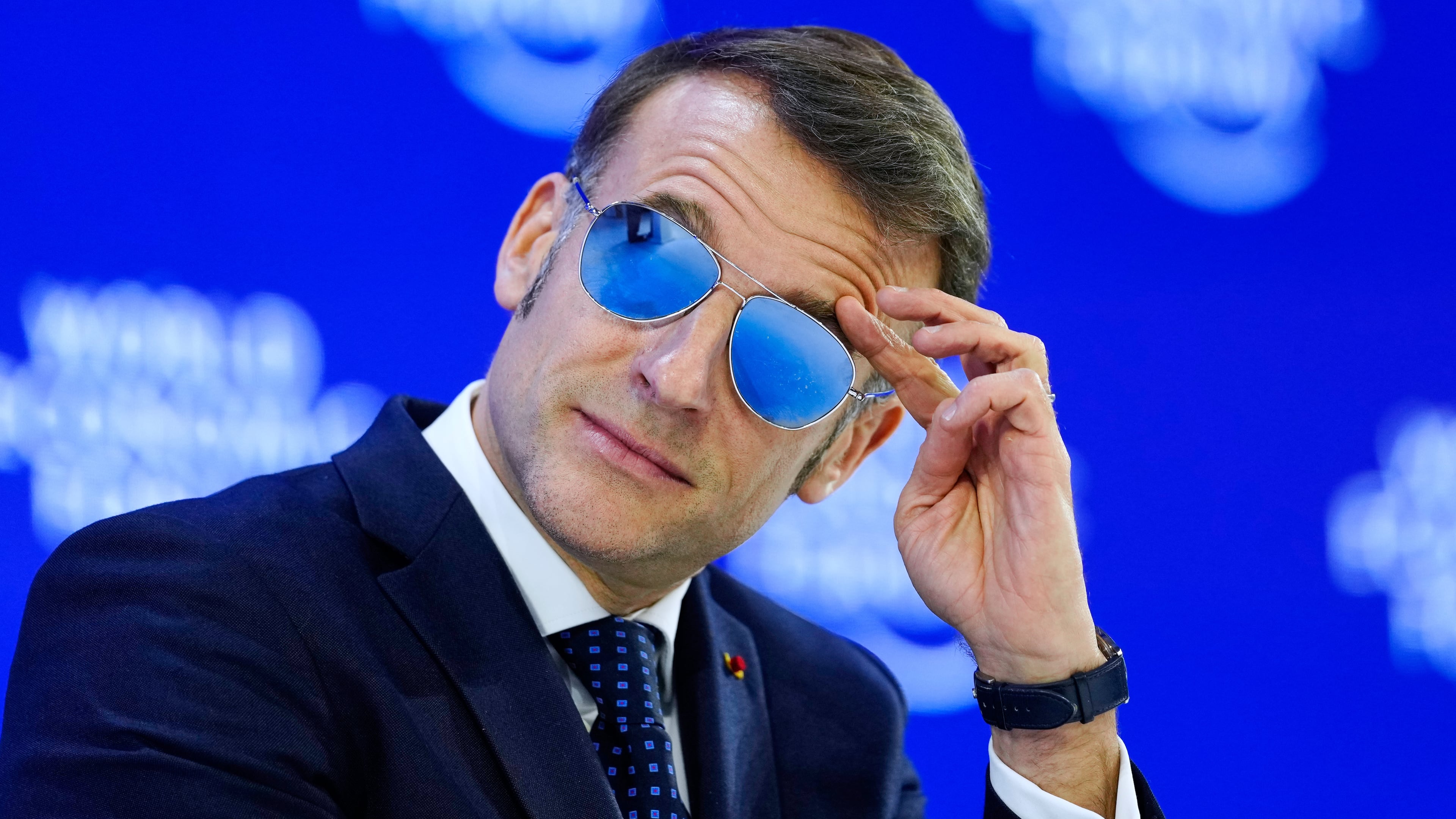 French President Emmanuel Macron is seen during the Annual Meeting of the World Economic Forum in Davos, Switzerland, Tuesday, Jan. 20, 2026. (AP Photo/Markus Schreiber)