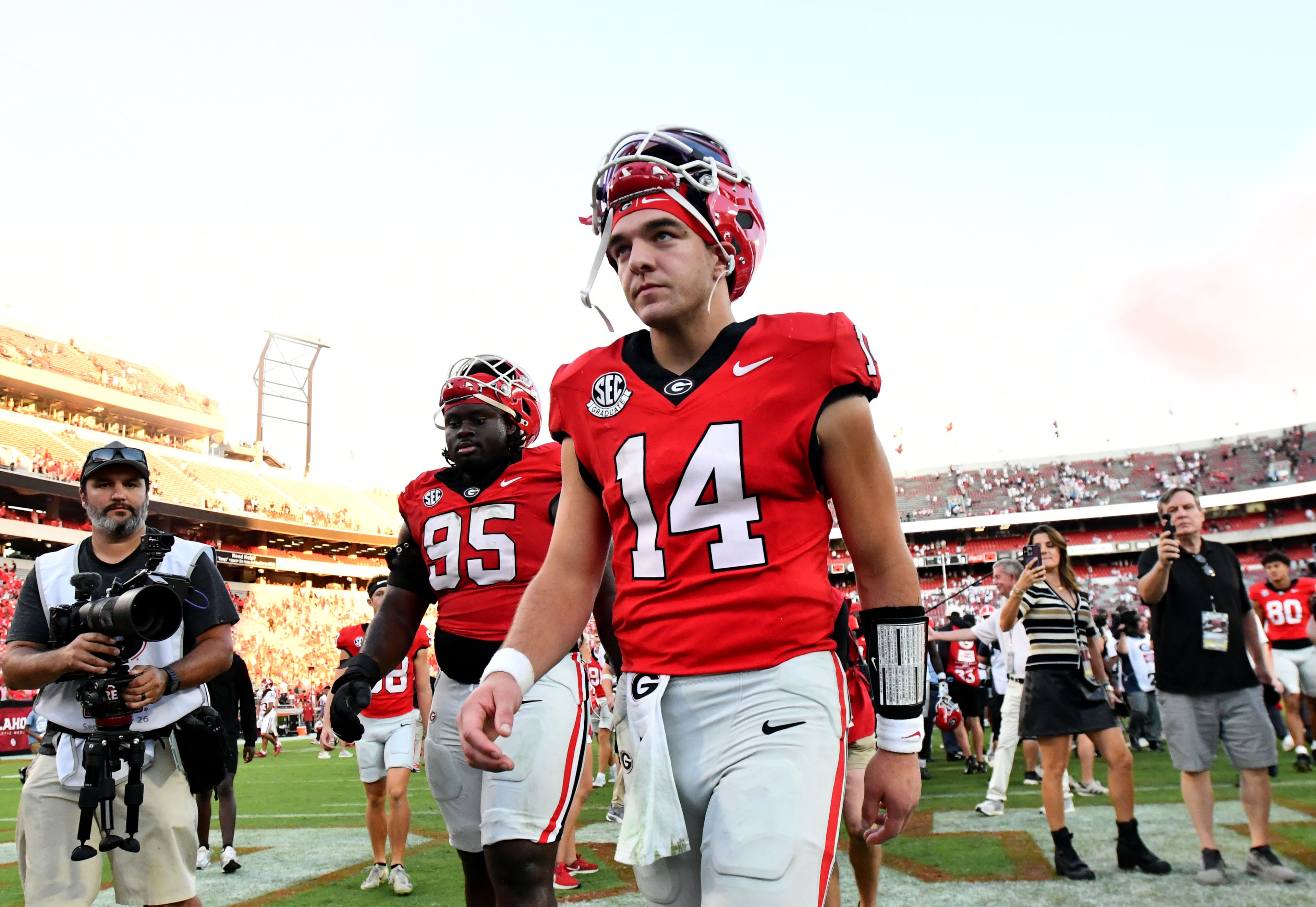 Georgia quarterback Gunner Stockton leaves the field after Georgia defeated Oklahoma 41-13 in an NCAA football game at Sanford Stadium on Saturday, Sept. 26, 2026, in Athens, Ga. (Hyosub Shin/AJC)