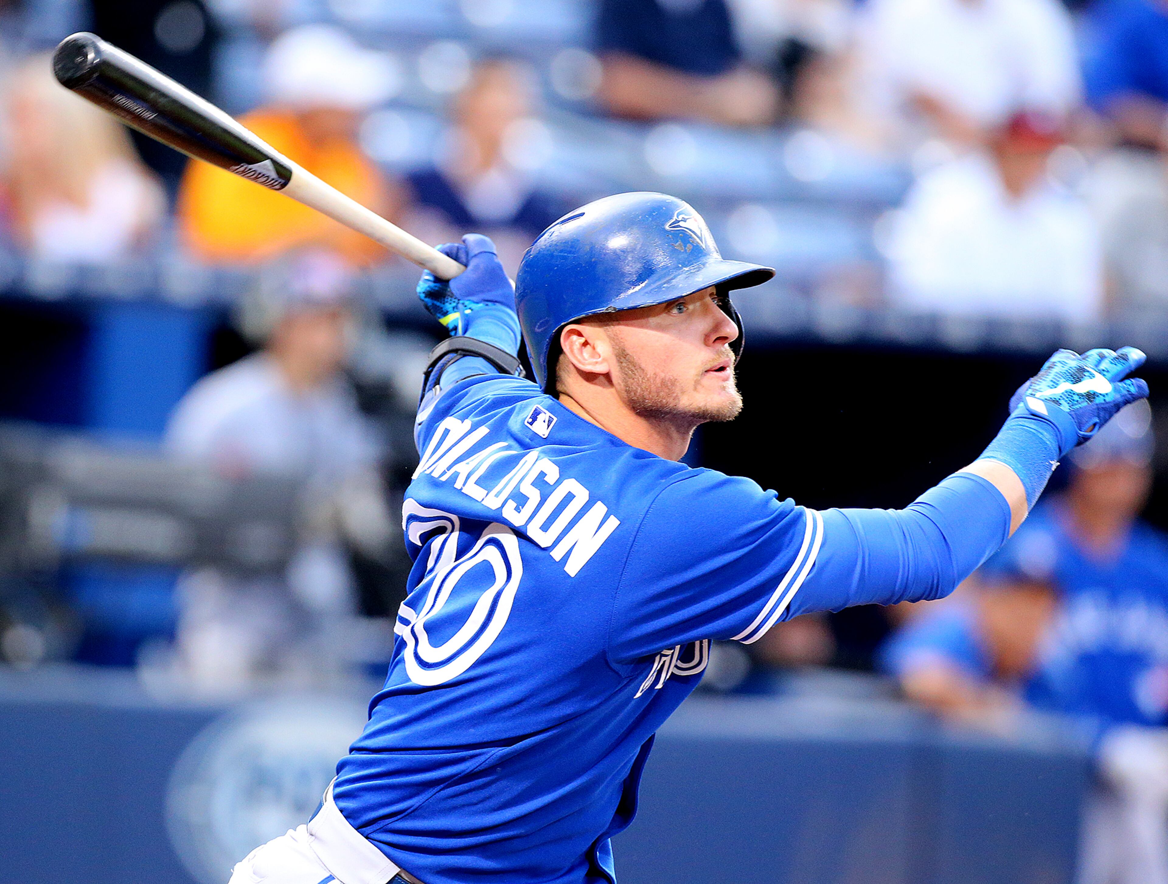 091515 ATLANTA: Blue Jays Josh Donaldson bats against the Braves during the first inning in a baseball game on Tuesday, Sept. 15, 2015, in Atlanta. Curtis Compton / ccompton@ajc.com