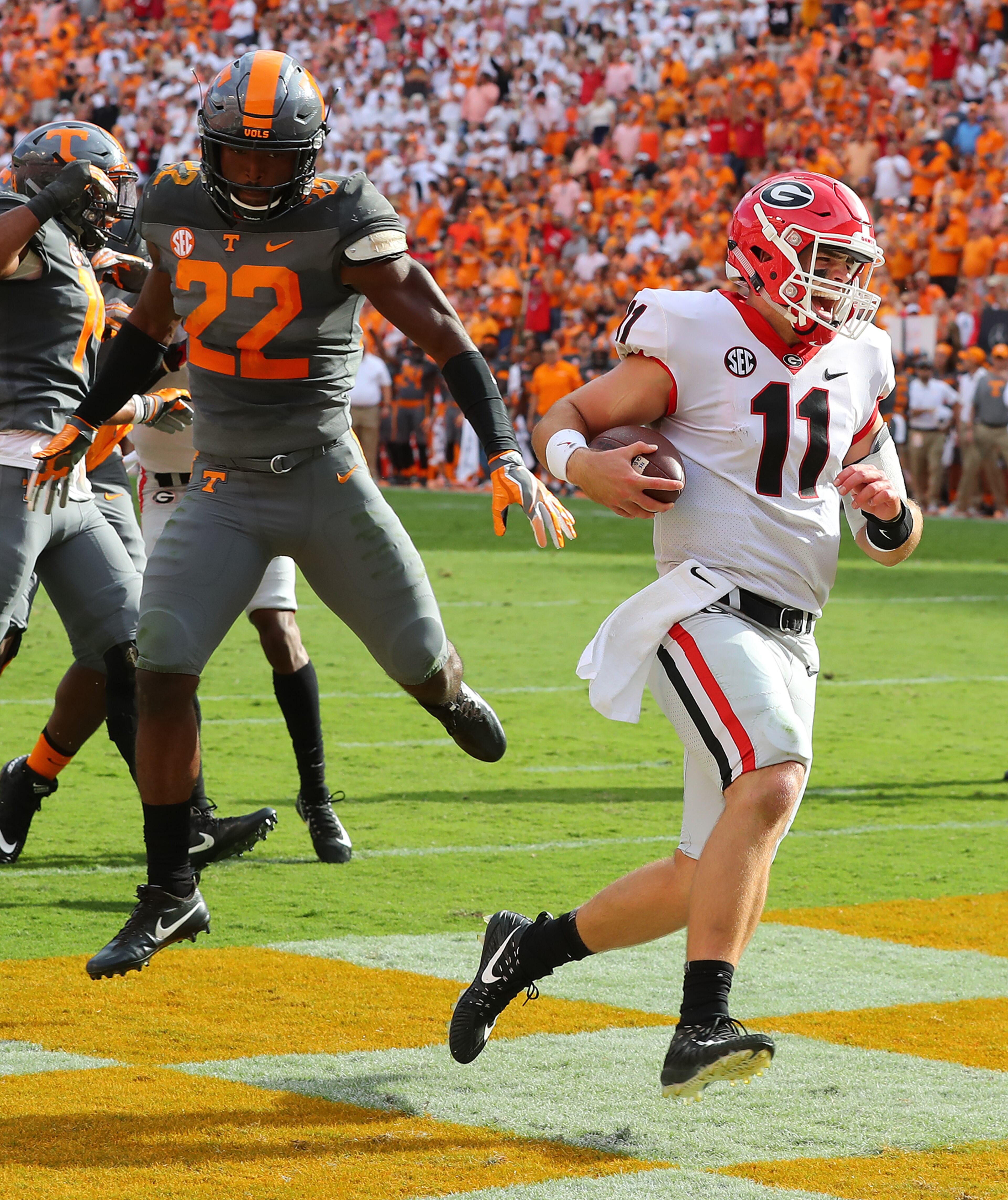 September 30, 2017 Knoxville: Georgia quarterback Jake Fromm yells as he hits the endzone on a quarterback keeper for his first of two touchdown runs against Tennessee during the second quarter for a 17-0 lead in a NCAA college football game on Saturday, September 30, 2017, in Knoxville. Curtis Compton/ccompton@ajc.com