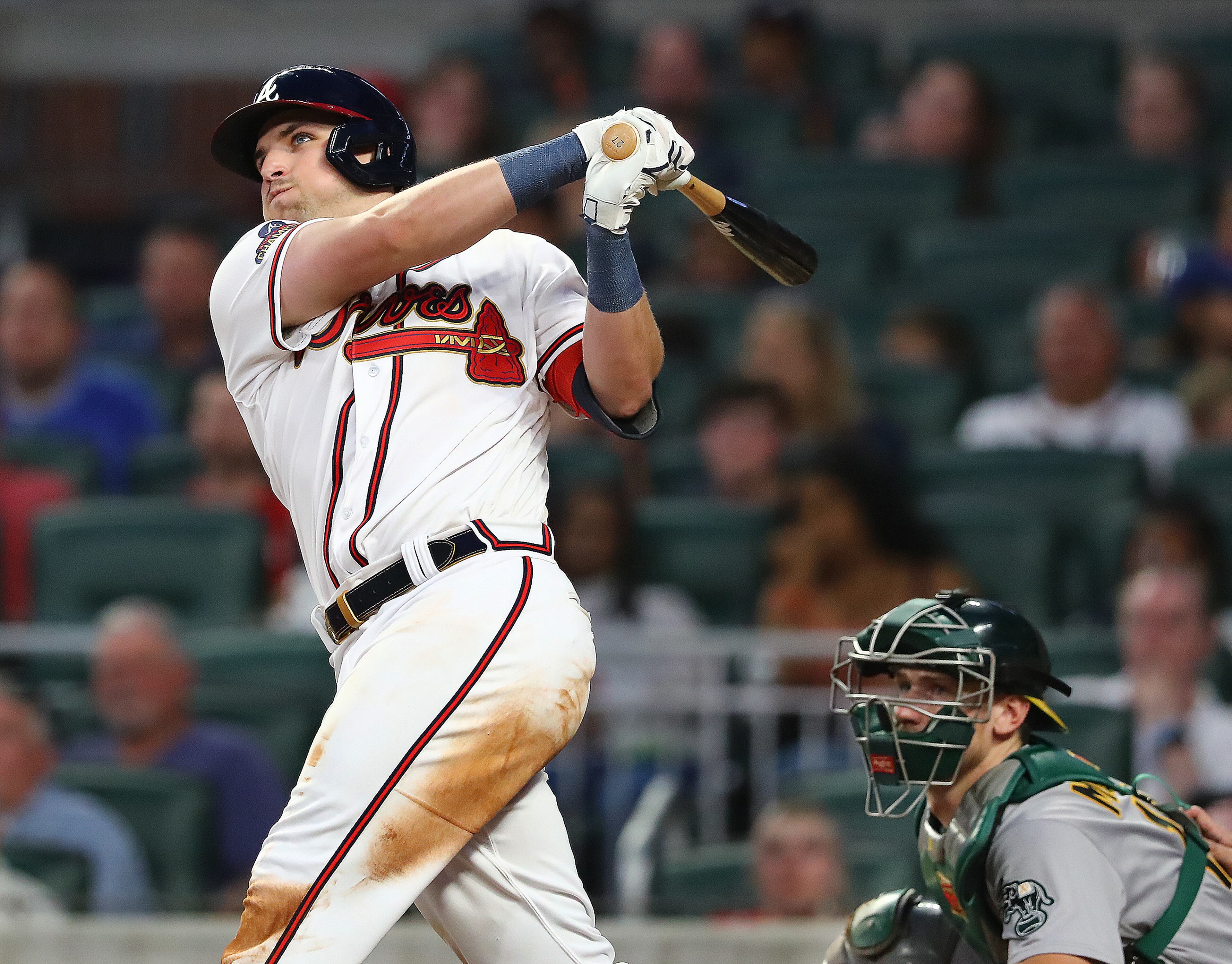 Atlanta Braves third baseman Austin Riley hits a two-run homer to give his team a 5-2 lead over the Oakland Athletics during the fifth inning of an MLB game on Wednesday, June 8, 2022, in Atlanta. (Curtis Compton / Curtis.Compton@ajc.com)