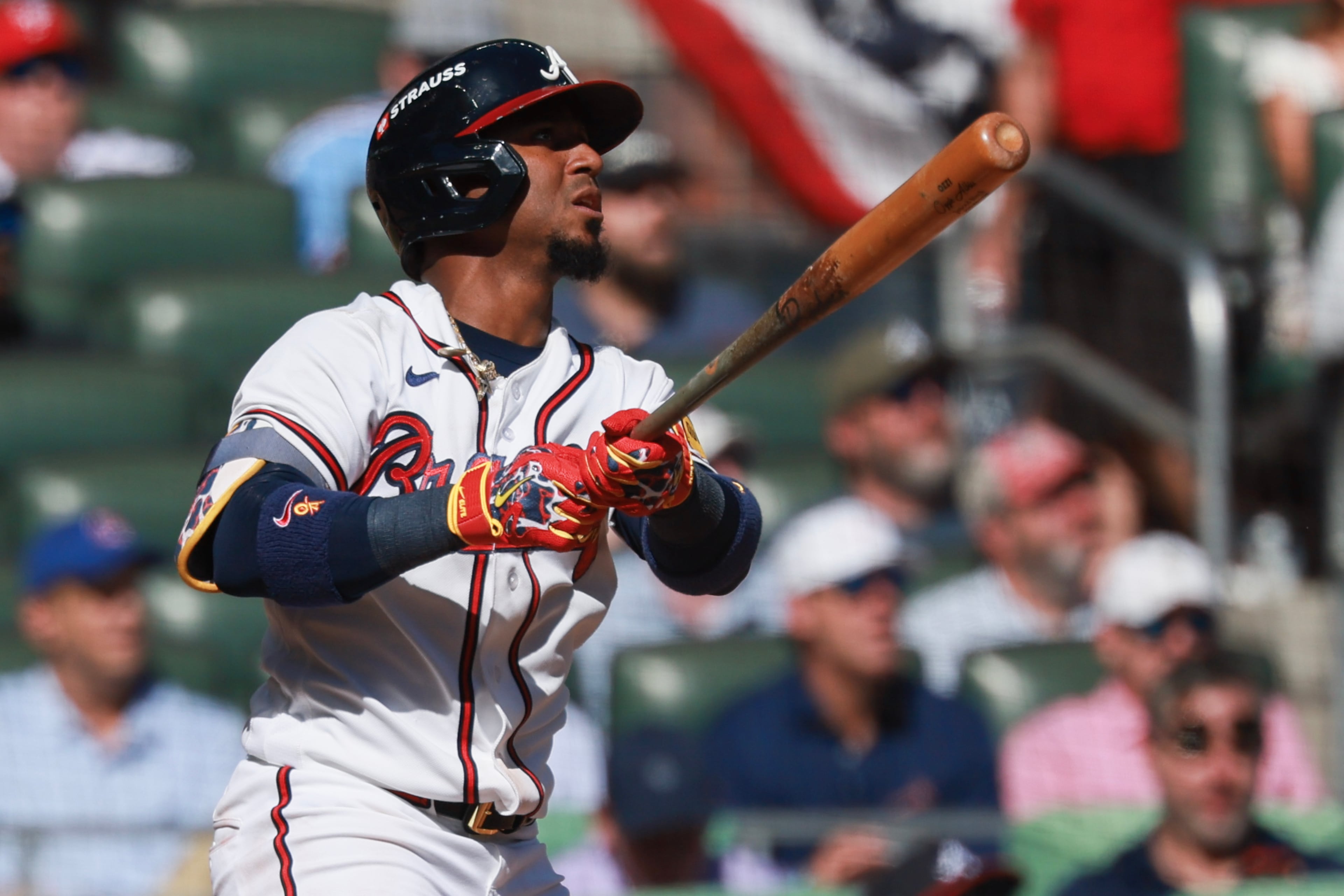 Atlanta Braves' Ozzie Albies hits an RBI triple against the Philadelphia Phillies during the sixth inning of Game 1 of a MLB National League Wild Card playoff series between the Atlanta Braves and the Philadelphia Phillies, Tuesday, Sept. 29, 2026, in Atlanta. (Jason Getz/AJC)