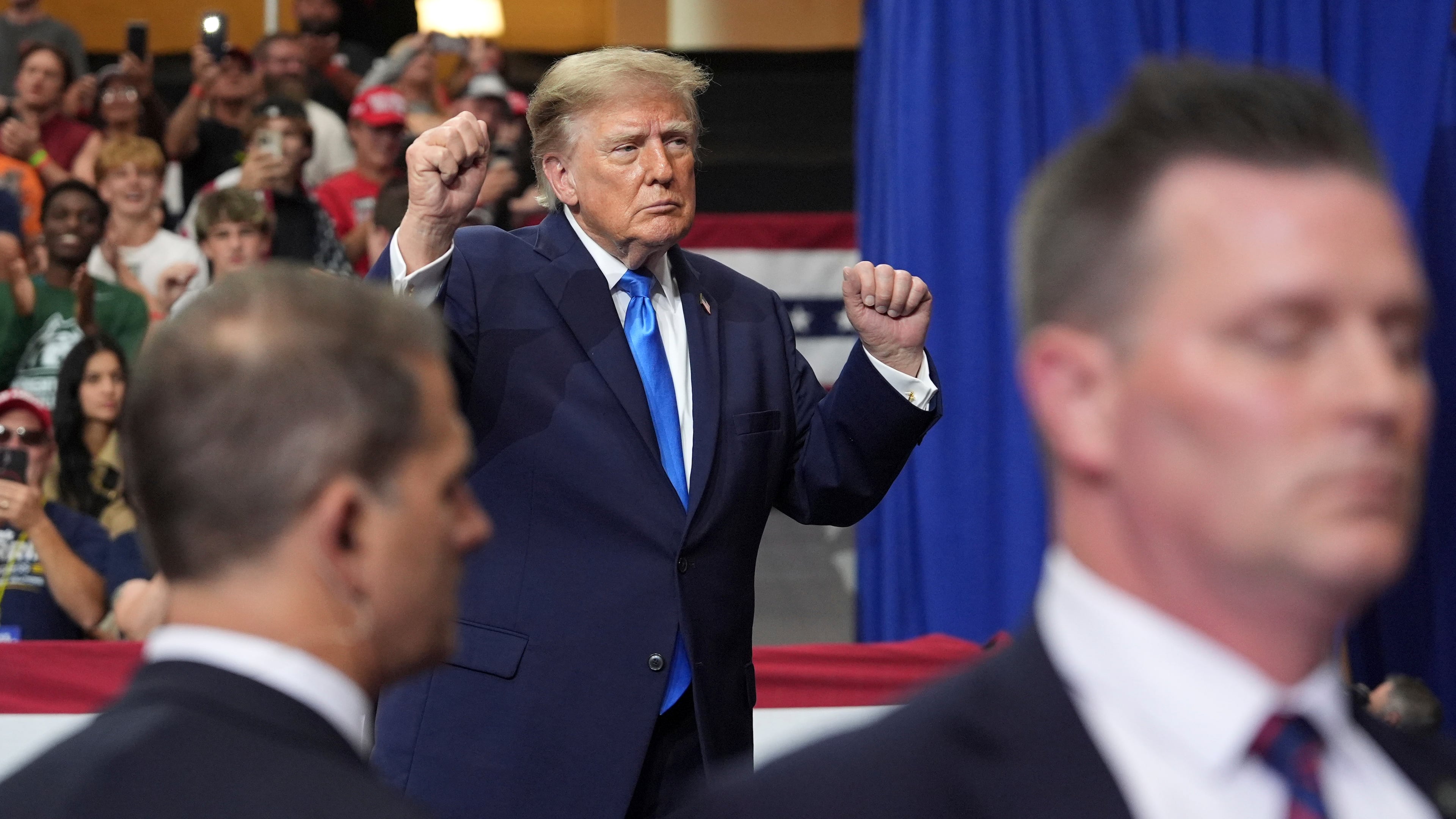 President Donald Trump dances as he departs after speaking during an event at Butler High School in Vandalia, Ohio, Saturday, Oct. 3, 2026. (AP Photo/Mark Schiefelbein)
