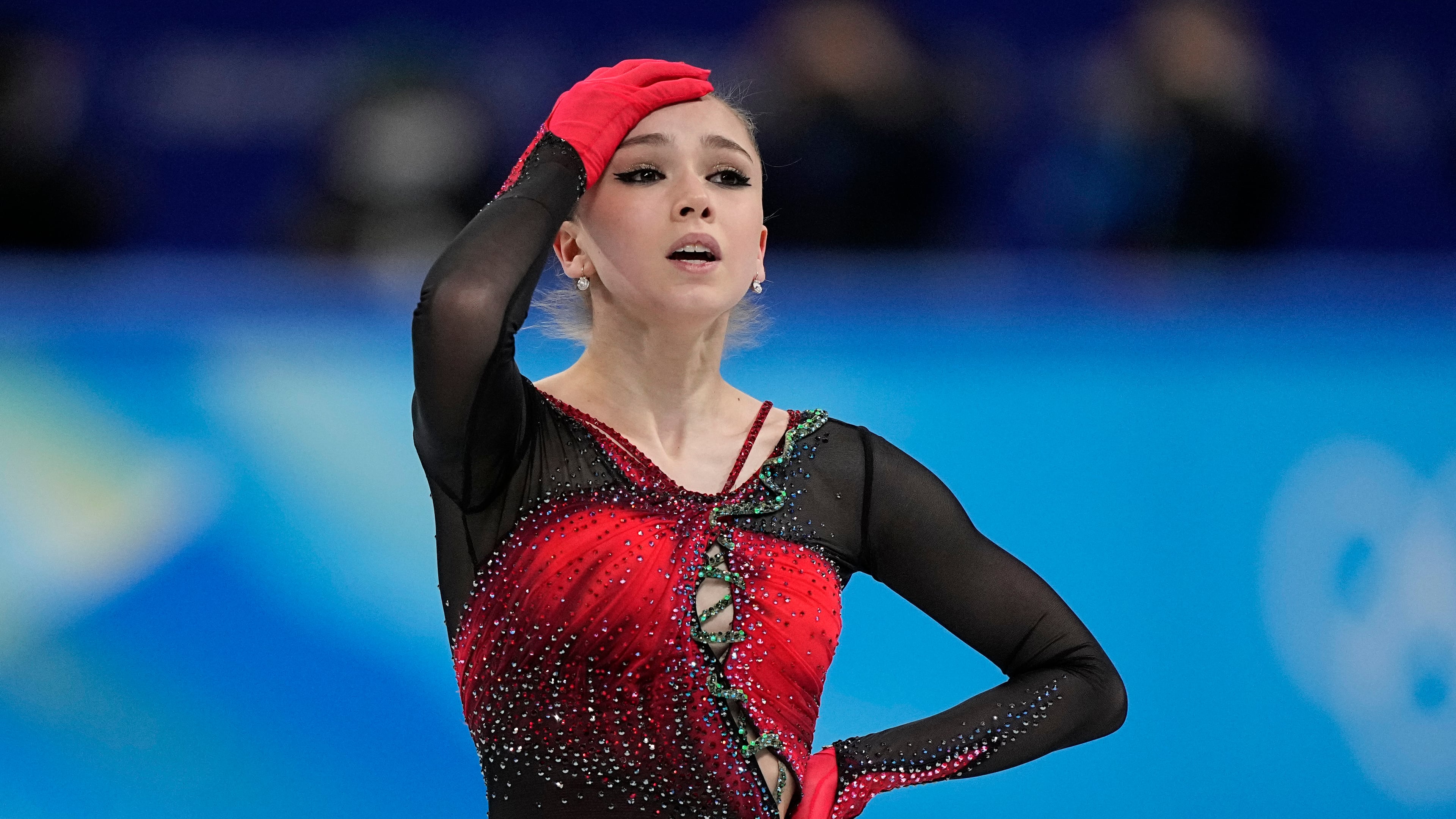FILE - Kamila Valieva, of the Russian Olympic Committee, reacts in the women's team free skate program during the figure skating competition at the 2022 Winter Olympics, Monday, Feb. 7, 2022, in Beijing. (AP Photo/David J. Phillip, File)