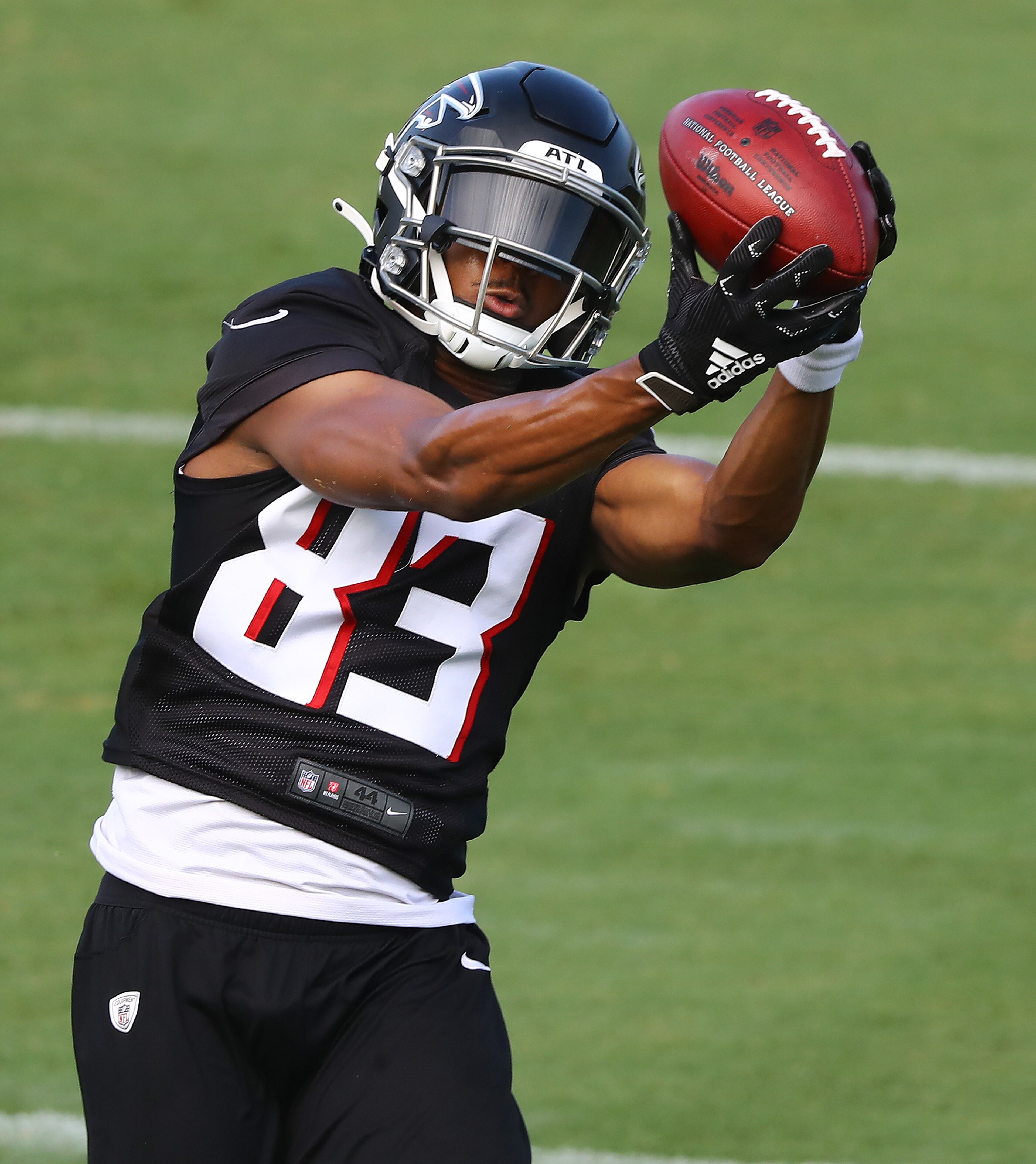 Falcons wide receiver Russell Gage catches a pass during practice Wednesday, Aug. 19, 2020, in Flowery Branch.
