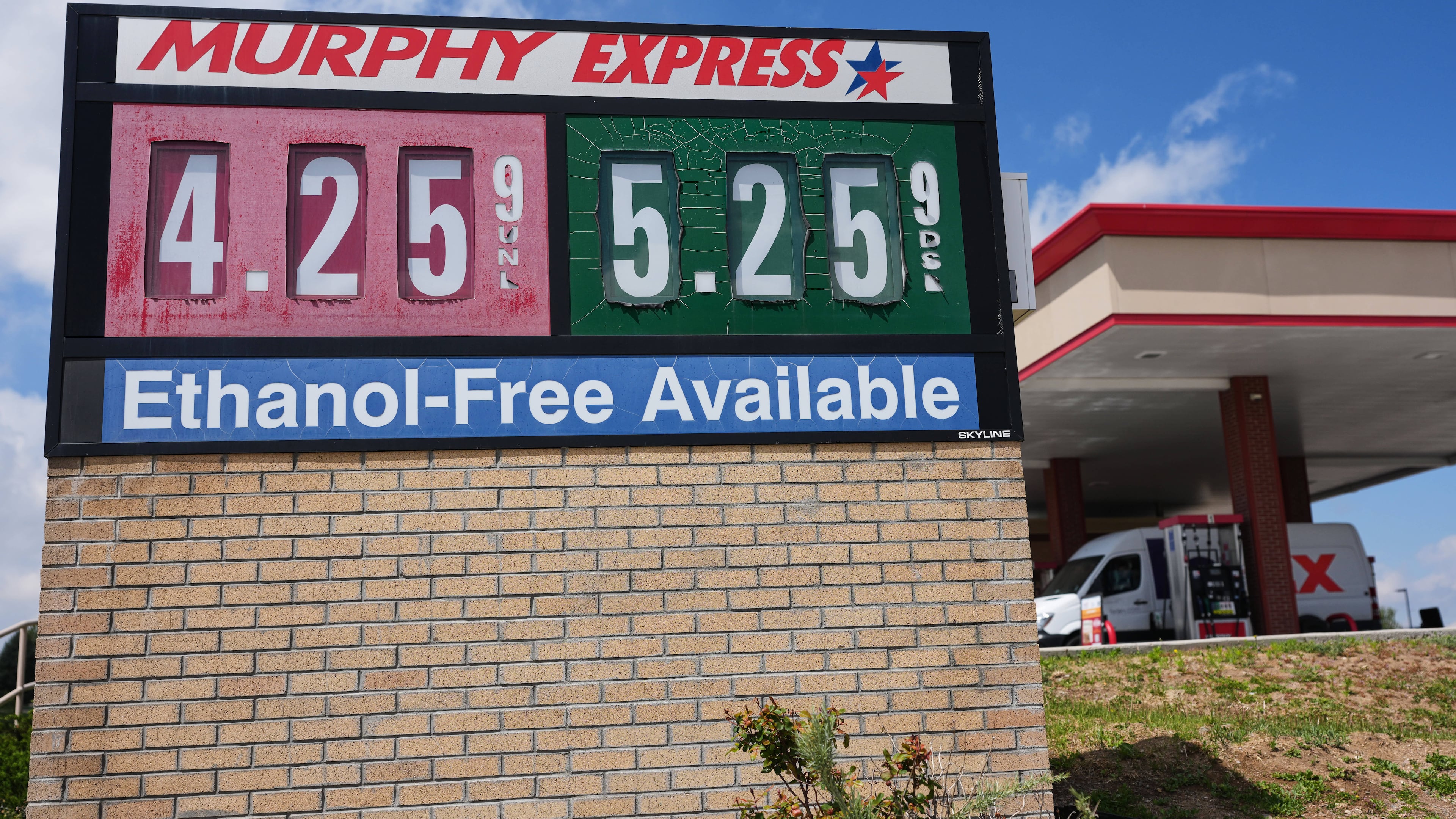 The per-gallon prices for regular unleaded and diesel fuel are displayed on a sign outside a Murphy Express gasoline station, Tuesday, April 28, 2026, in Centennial, Colo. (AP Photo/David Zalubowski)