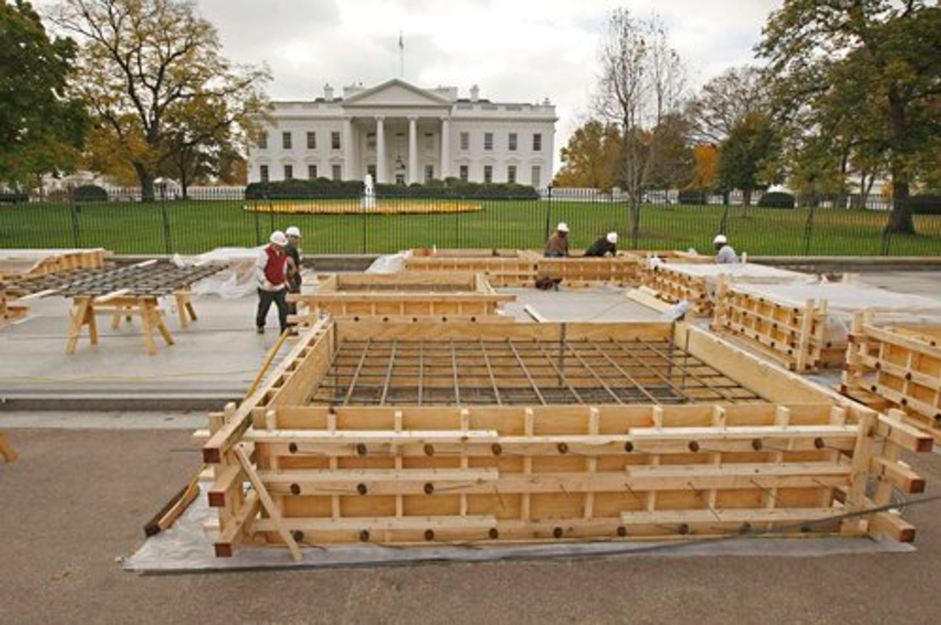 Workers continue to build the Presidential inauguration reviewing stand in front of the White House in Washington D.C. on Friday. On January 20, 2009, President Obama and guests will view the inaugural parade from the stand.