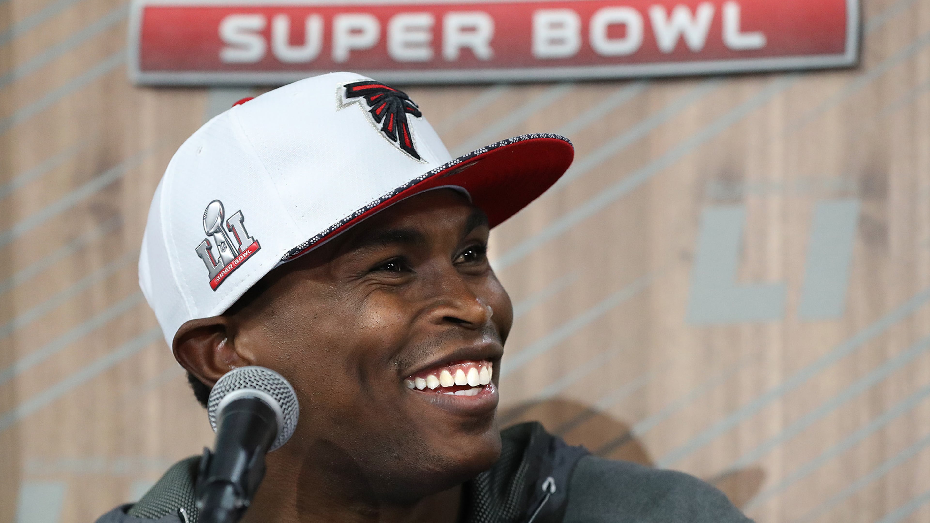 January 30, 2017, Houston: Julio Jones is all smiles taking questions during Super Bowl Opening Night on Monday, Jan. 30, 2017, at Minute Maid Park in Houston. Curtis Compton/ccompton@ajc.com