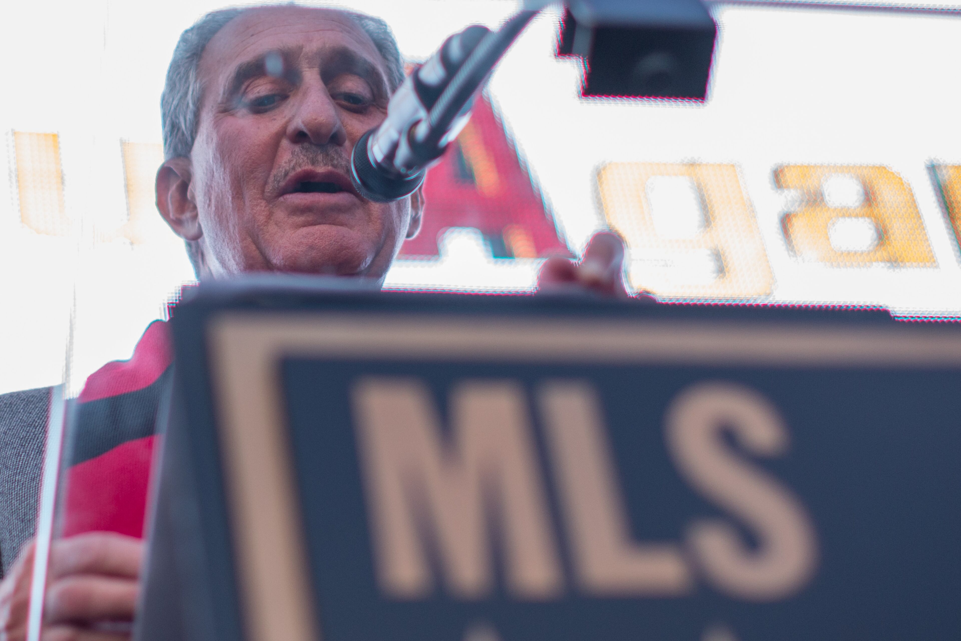 Atlanta Falcons owner Arthur Blank speaks to fans during a party at which Atlanta United FC was announced as the name of an MLS soccer expansion team, Tuesday, July 7, 2015, in Atlanta. The team is scheduled to begin to play in 2017 at the city's new retractable -oof stadium.�(AP Photo/Branden Camp)