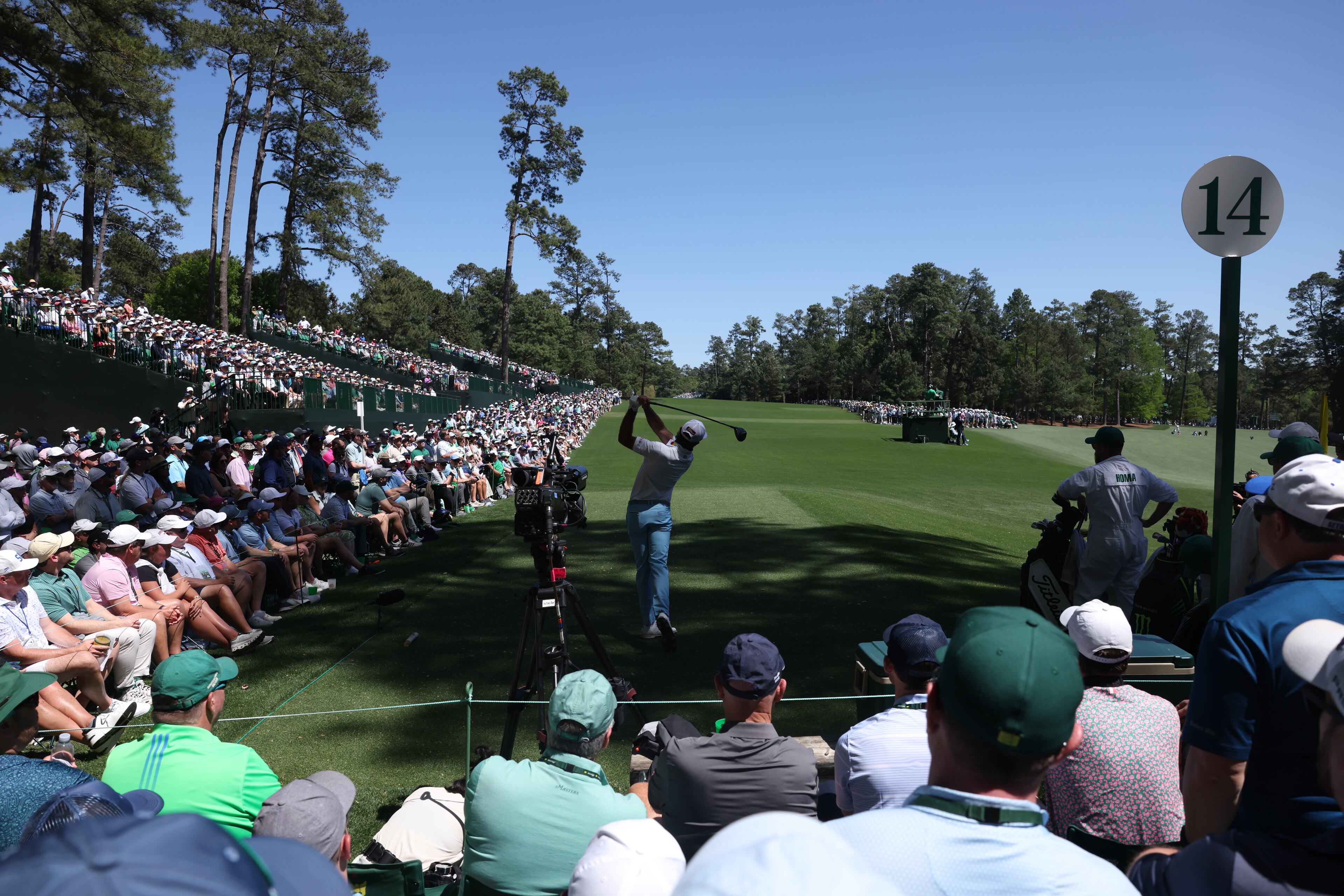 Max Homa drives from 14th tee during second round of the 2024 Masters Tournament at Augusta National Golf Club, Friday, April 12, 2024, in Augusta, Ga. Jason Getz / Jason.Getz@ajc.com)