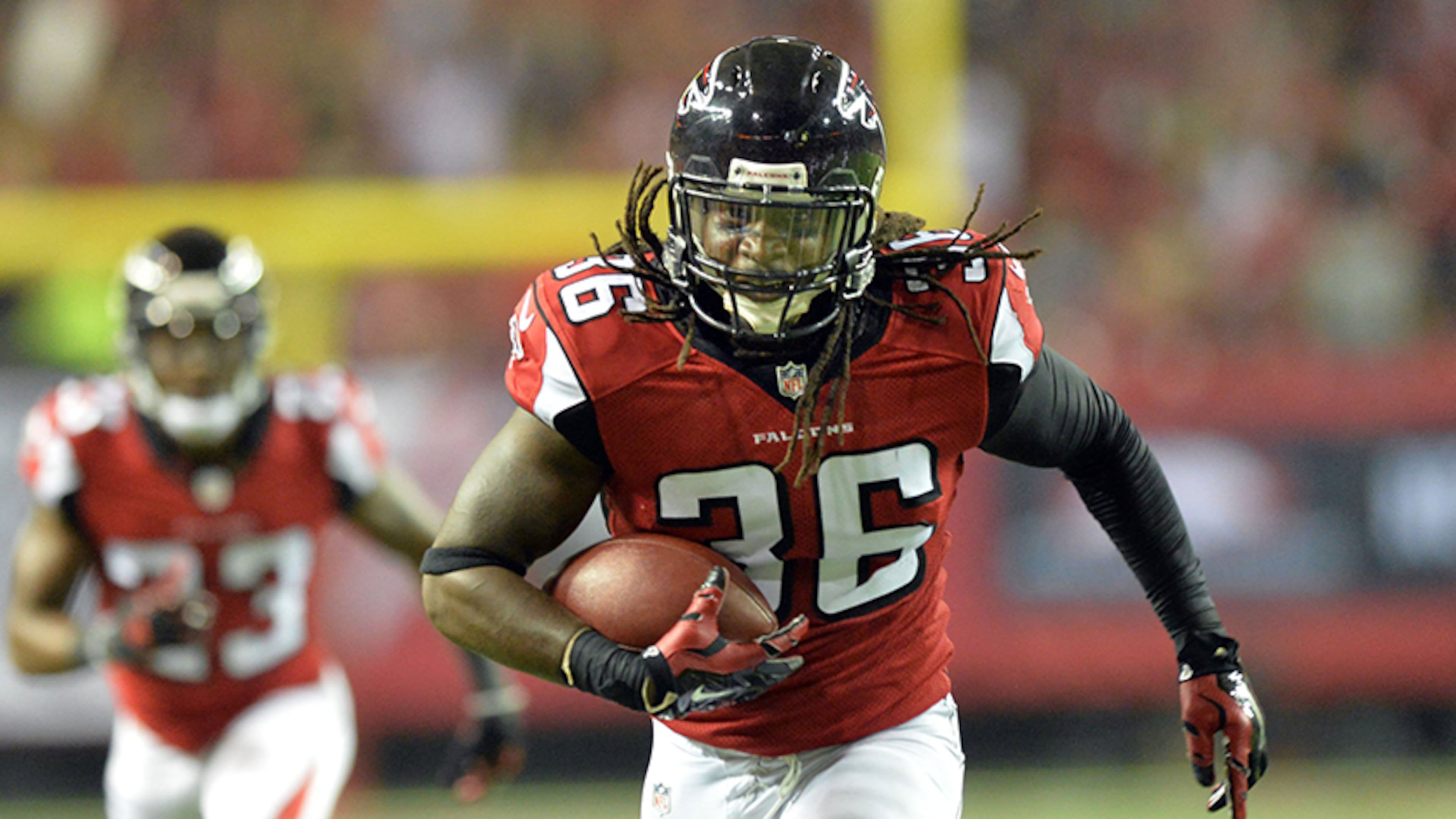 FILE PHOTO: Atlanta Falcons defensive back Kemal Ishmael (36) returns an interception 23 yards for a touchdown in the first half against the Tampa Bay Buccaneers at the Georgia Dome in Atlanta on Thursday, Sept. 18, 2014. (Hyosub Shin/Atlanta Journal-Constitution/mct)