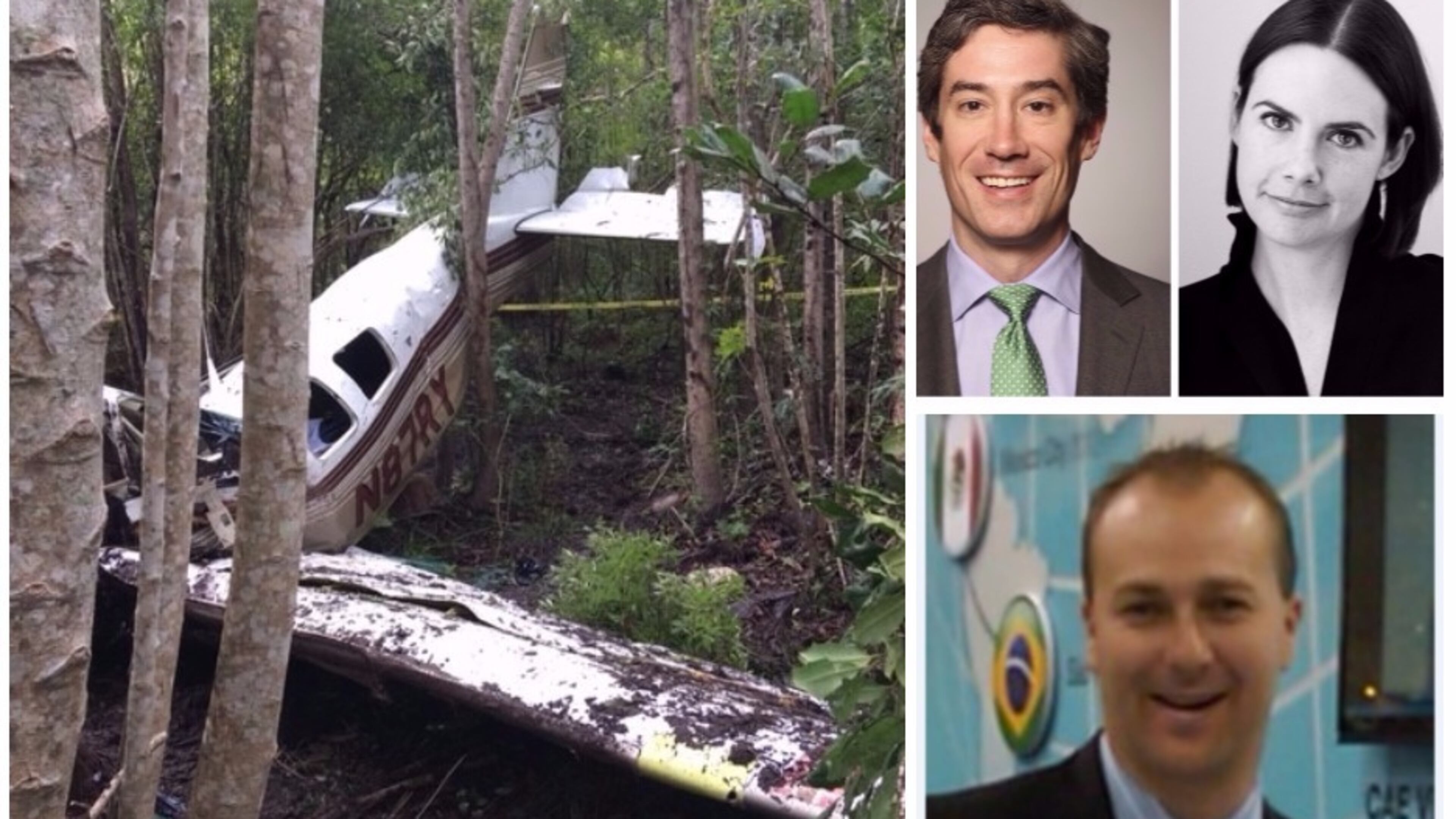 Tyrone pilot Randy Hunter (bottom right) along with Savannah couple (top right) Byron Cocke and wife Catherine Cocke died when the Beechcraft Bonanza they were in (left) crashed in Bryan County on Aug. 28, 2017.