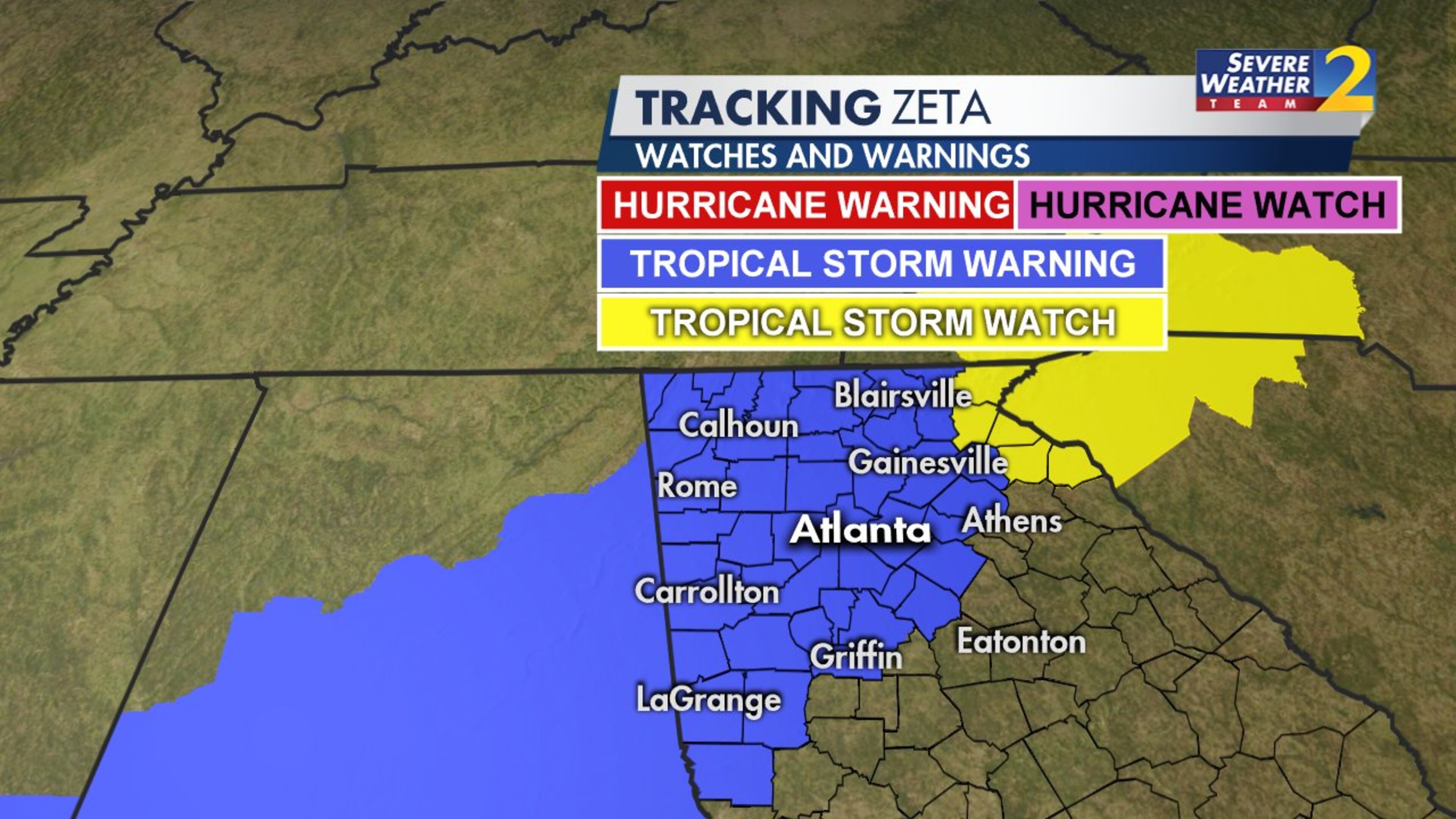 A tropical storm warning is active for North Georgia and metro Atlanta through Thursday morning.