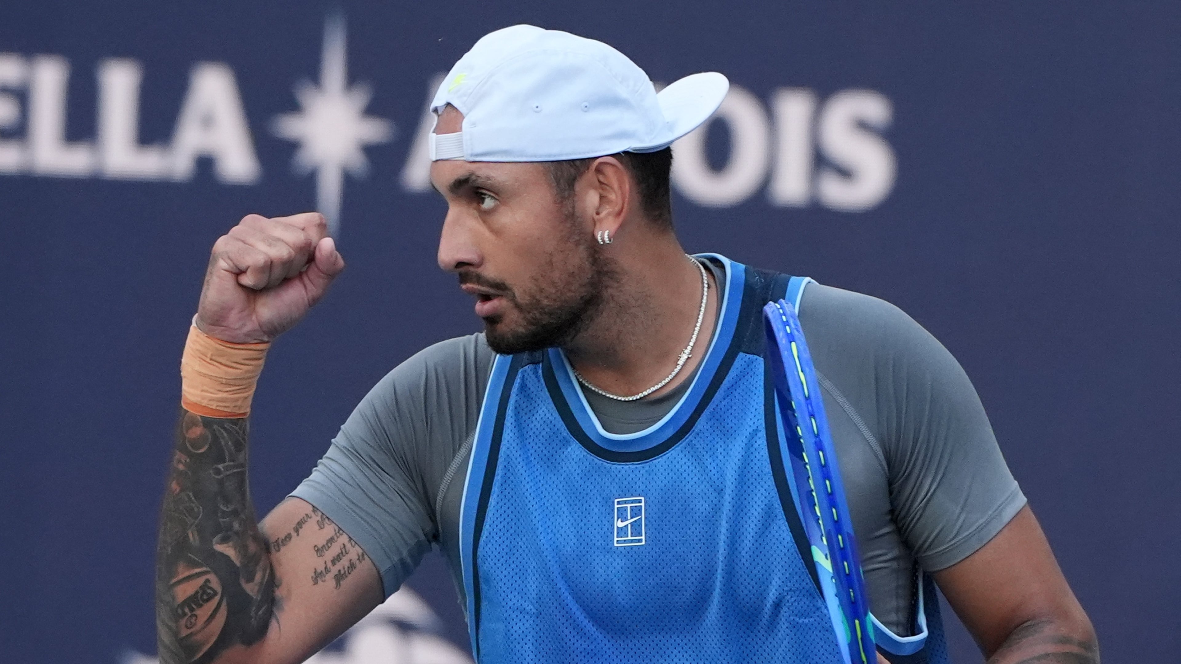 FILE - Nick Kyrgios, of Australia, reacts during his match against Mackenzie McDonald at the Miami Open tennis tournament, Wednesday, March 19, 2025, in Miami Gardens, Fla. (AP Photo/Lynne Sladky, file)
