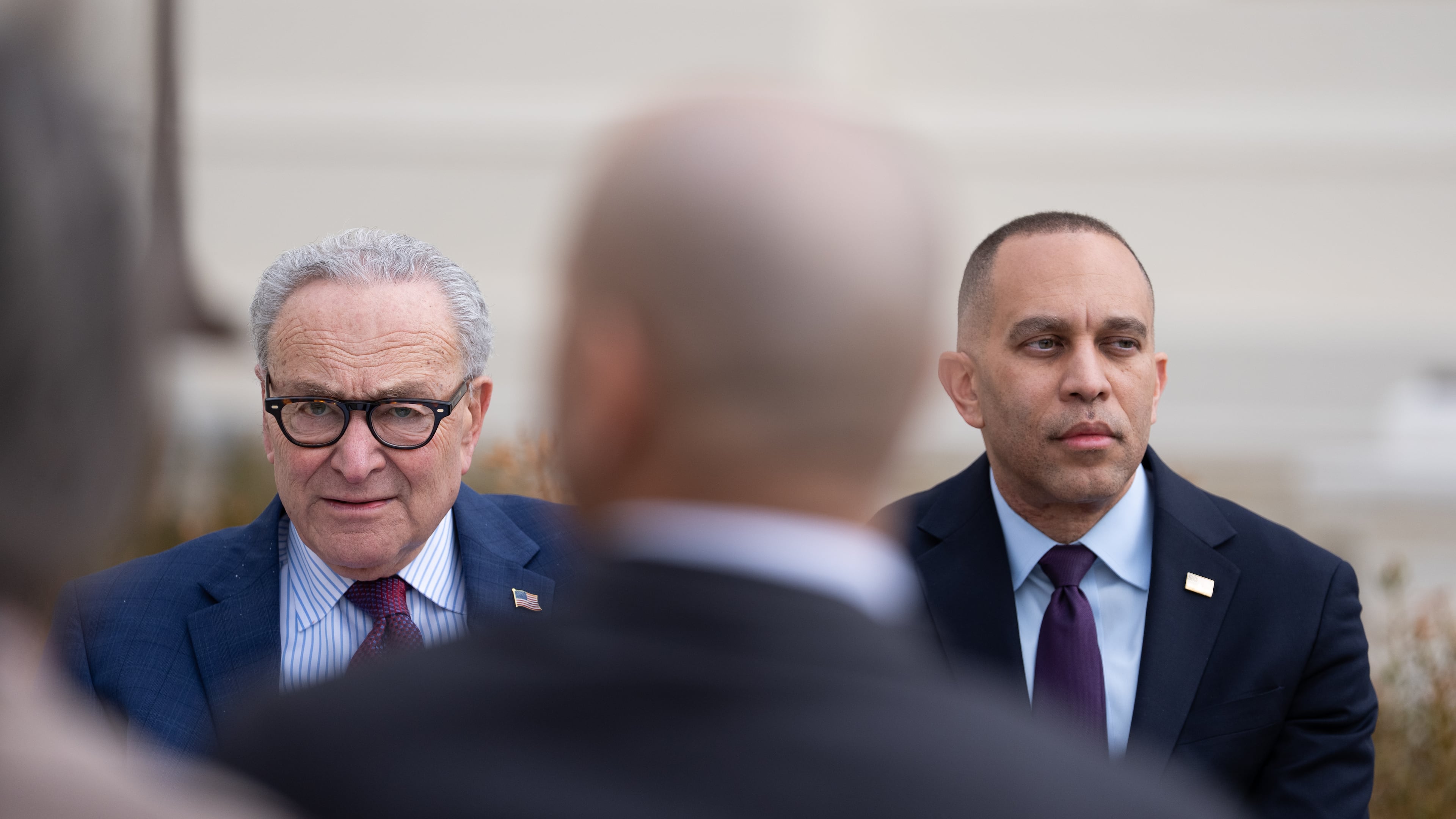 Sen. Chuck Schumer, D-N.Y., and Rep. Hakeem Jeffries, D-N.Y., attend an event marking the installation of a plaque commemorating Jan. 6 at the U.S. Capitol on Wednesday, March 25, 2026, in Washington. (AP Photo/Allison Robbert)
