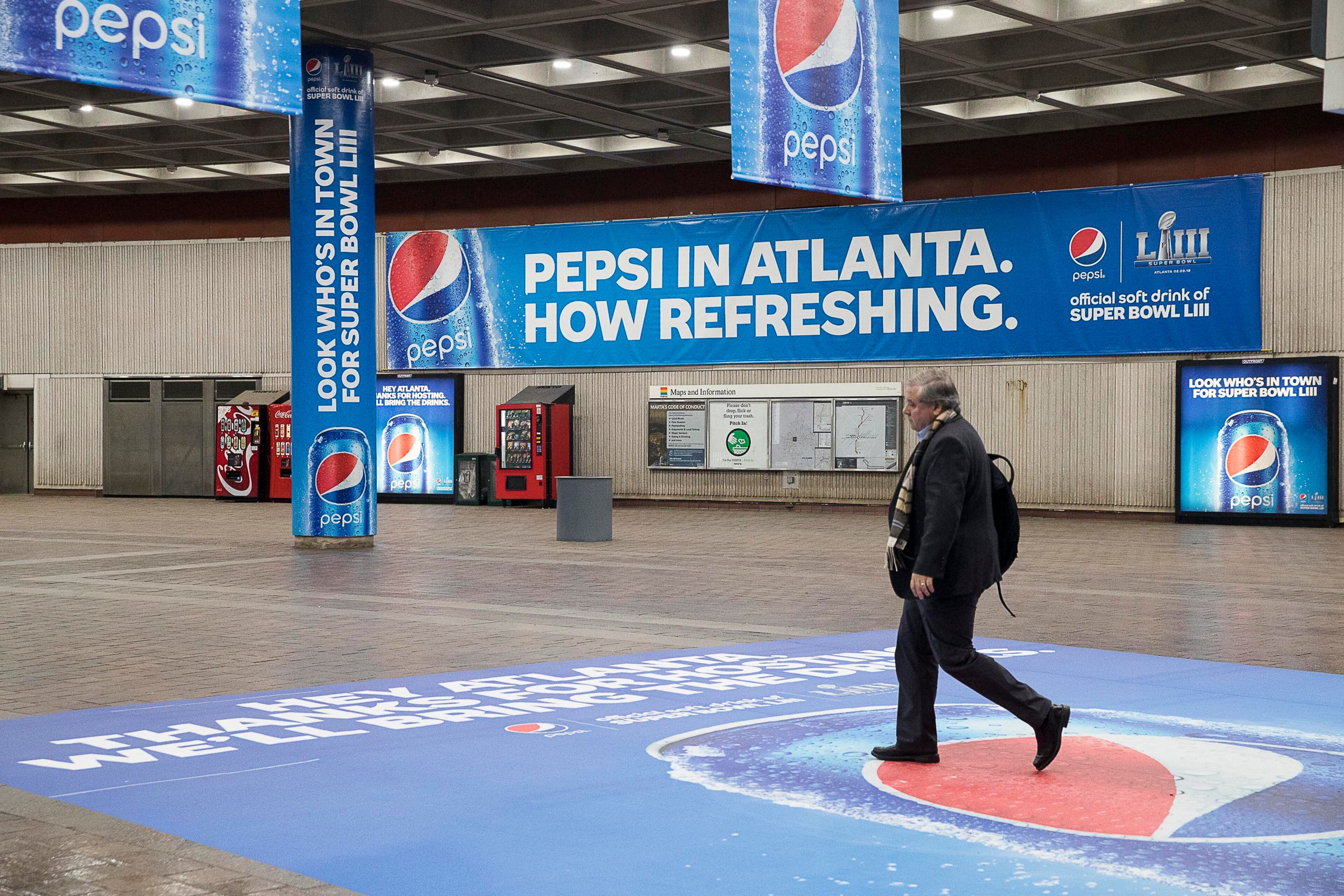 Atlanta, Georgia -- Pepsi advertisements are displayed throughout the MARTA Dome/GWCC/Philips Arena/CNN Center Transit Station in Atlanta, Wednesday, January 16, 2019.
