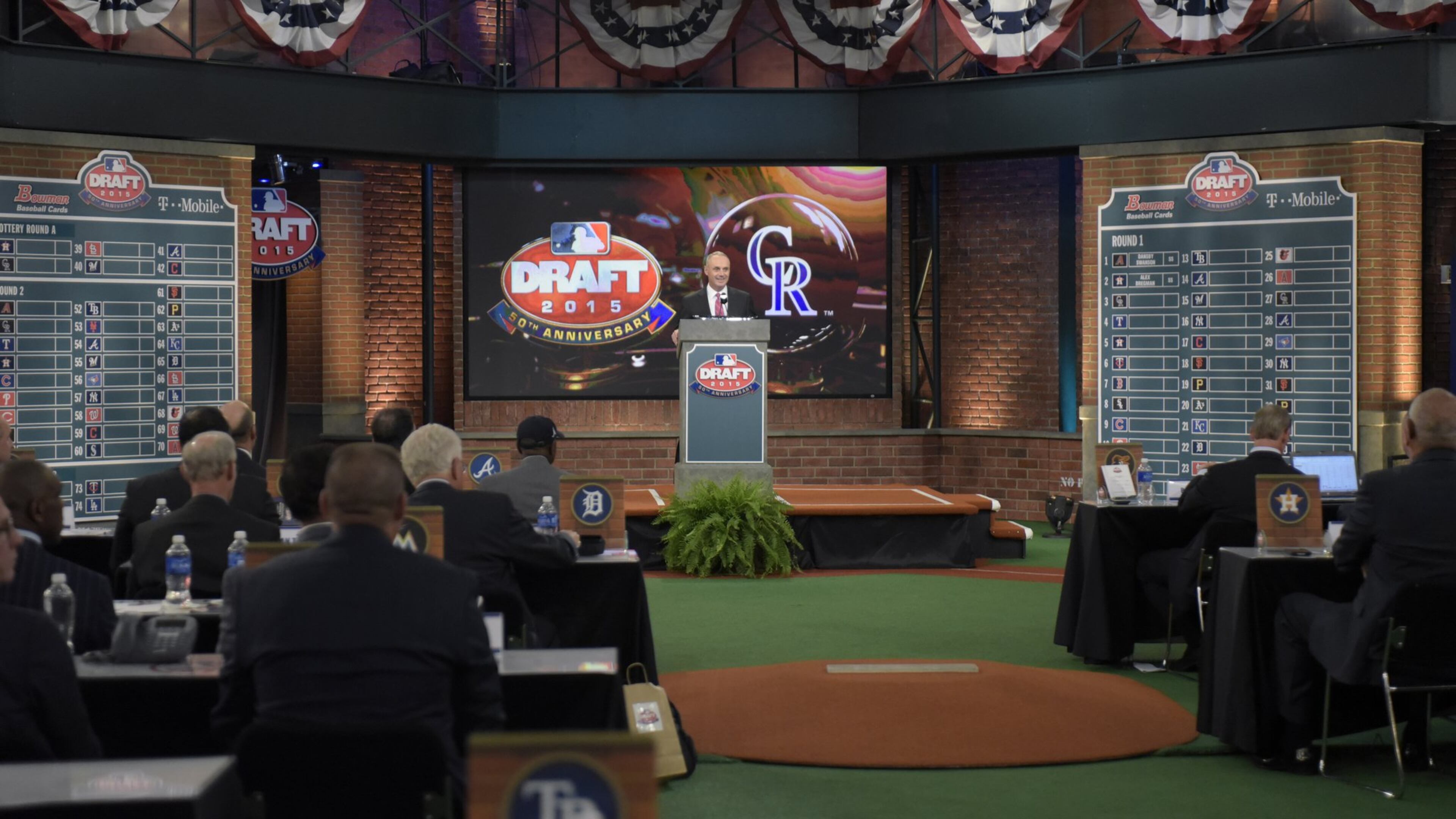 Commissioner of Major League Baseball Rob Manfred announces a selection at the 2015 MLB baseball draft Monday, June 8, 2015, in Secaucus, N.J. (AP Photo/Bill Kostroun)