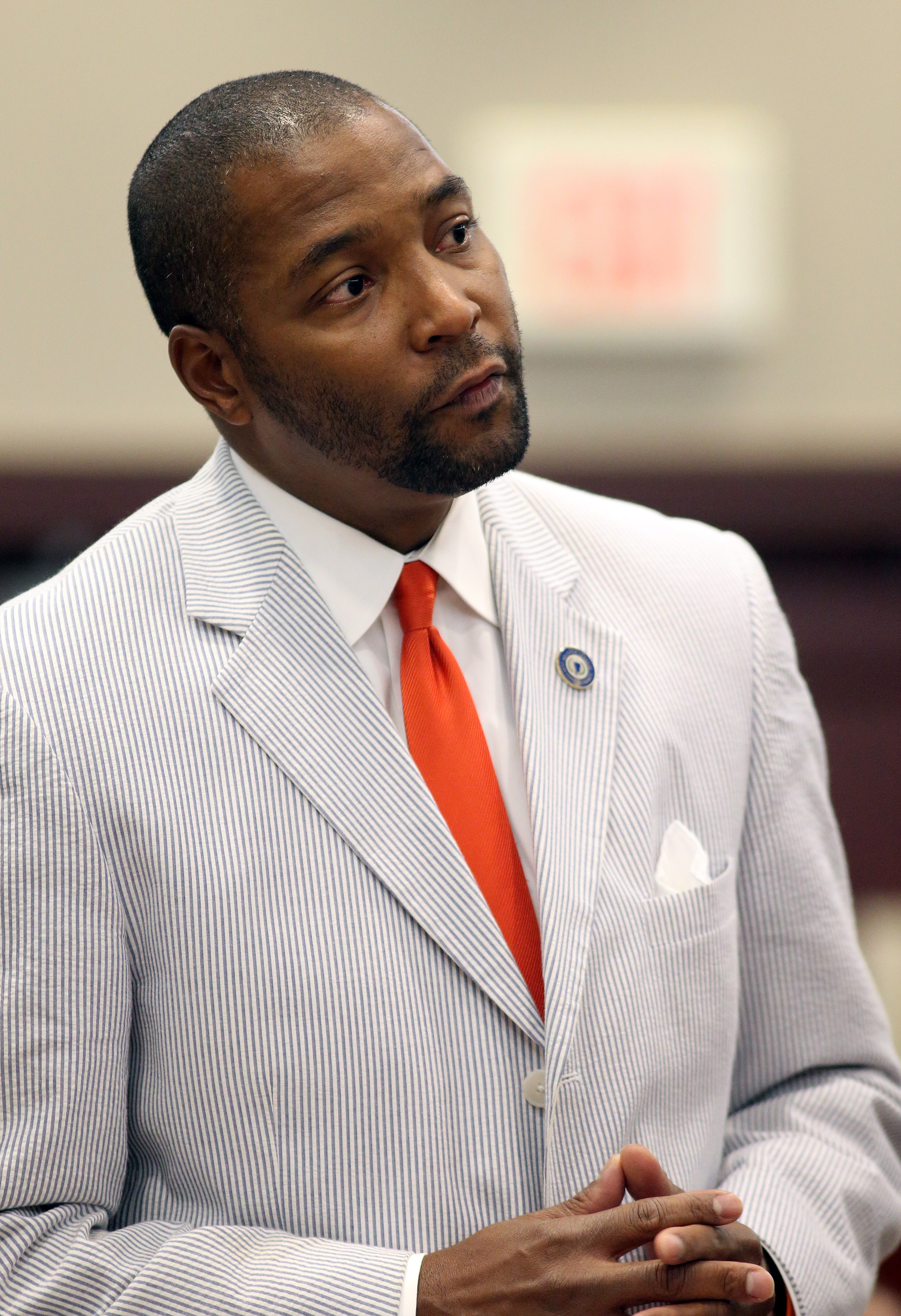 Clayton County Chief Assistant Solicitor General Keith Gammage argues for a $500,000 bail for former Hawks player Mookie Blaylock during court.