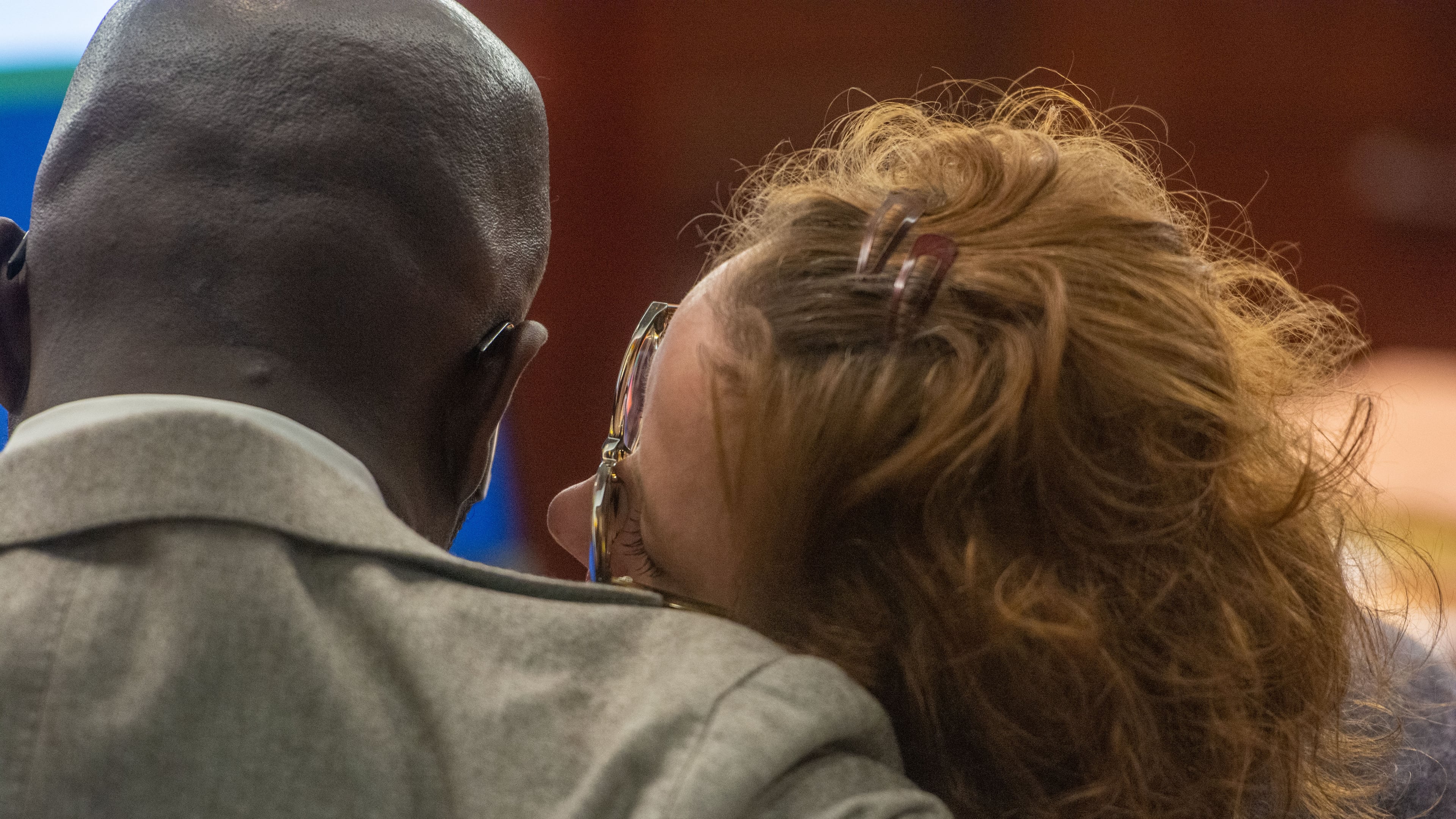 Former Glynn County District Attorney Jackie Johnson (right) speaks with defense attorney Keith Adams on Tuesday, Jan. 21, 2025, during the first day of jury selection in her trial. (Michael Hall/The Brunswick News)