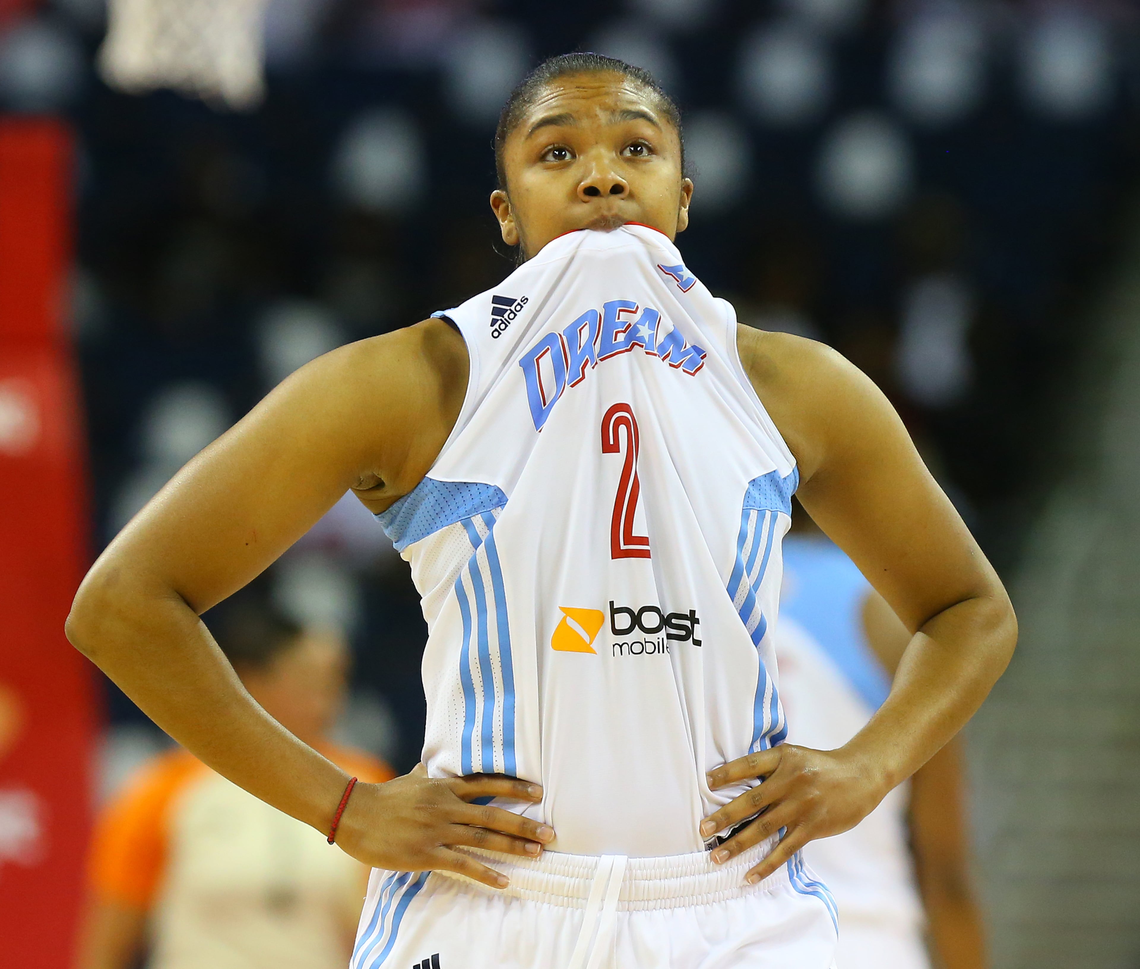 Dream guard Alex Bentley reacts to being called for a foul against the Lynx during the first half of their WNBA Finals basketball game 3 on Thursday, Oct. 10, 2013, in Duluth.