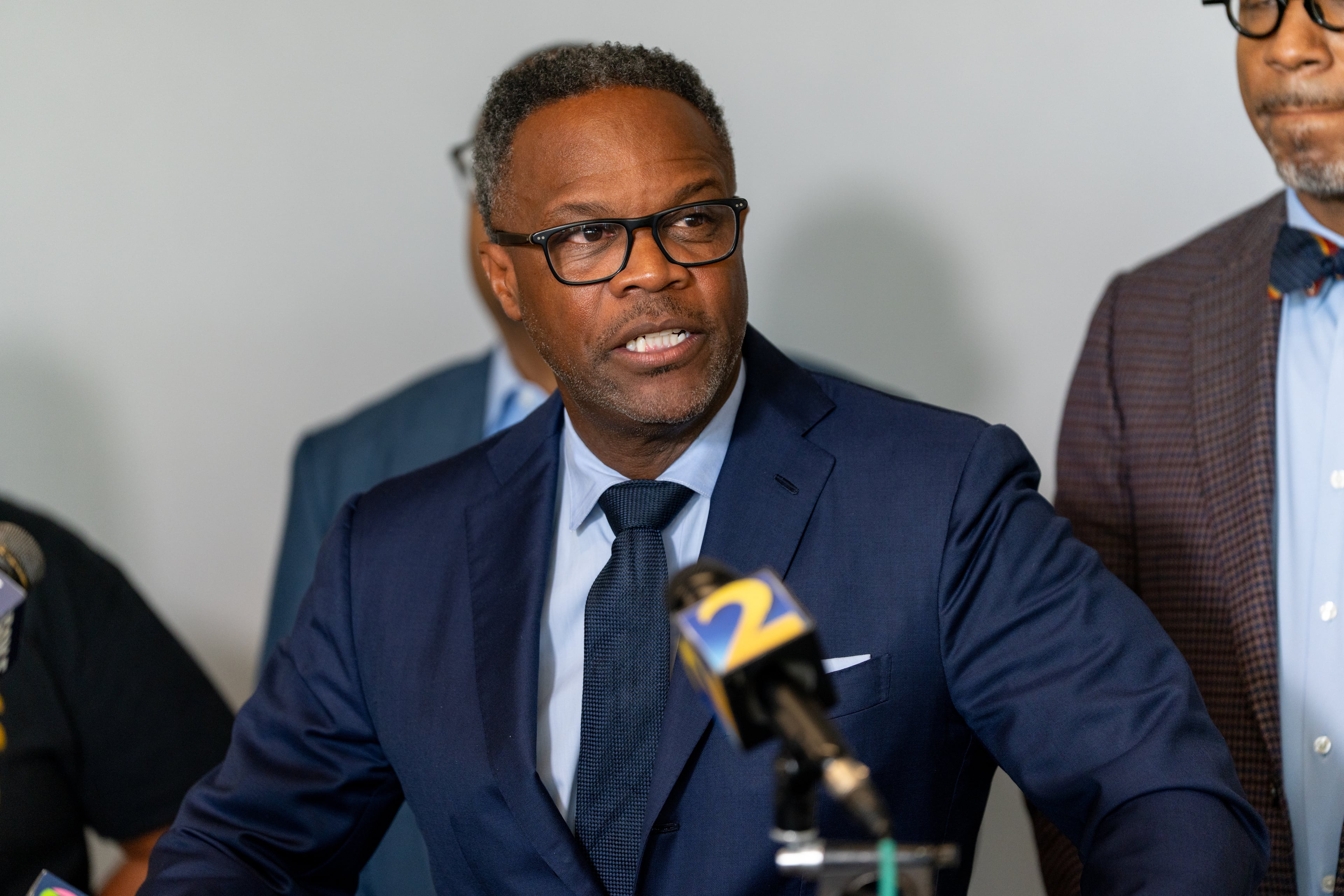 Attorney Shean Williams of the Cochran Firm addresses the media during a news conference Thursday demanding that Republican nominee for governor Rick Jackson stop using the image of Secoriea Turner, the 8-year-old killed near the University Avenue Wendy’s in 2020, in campaign ads. (Ben Hendren for the AJC)