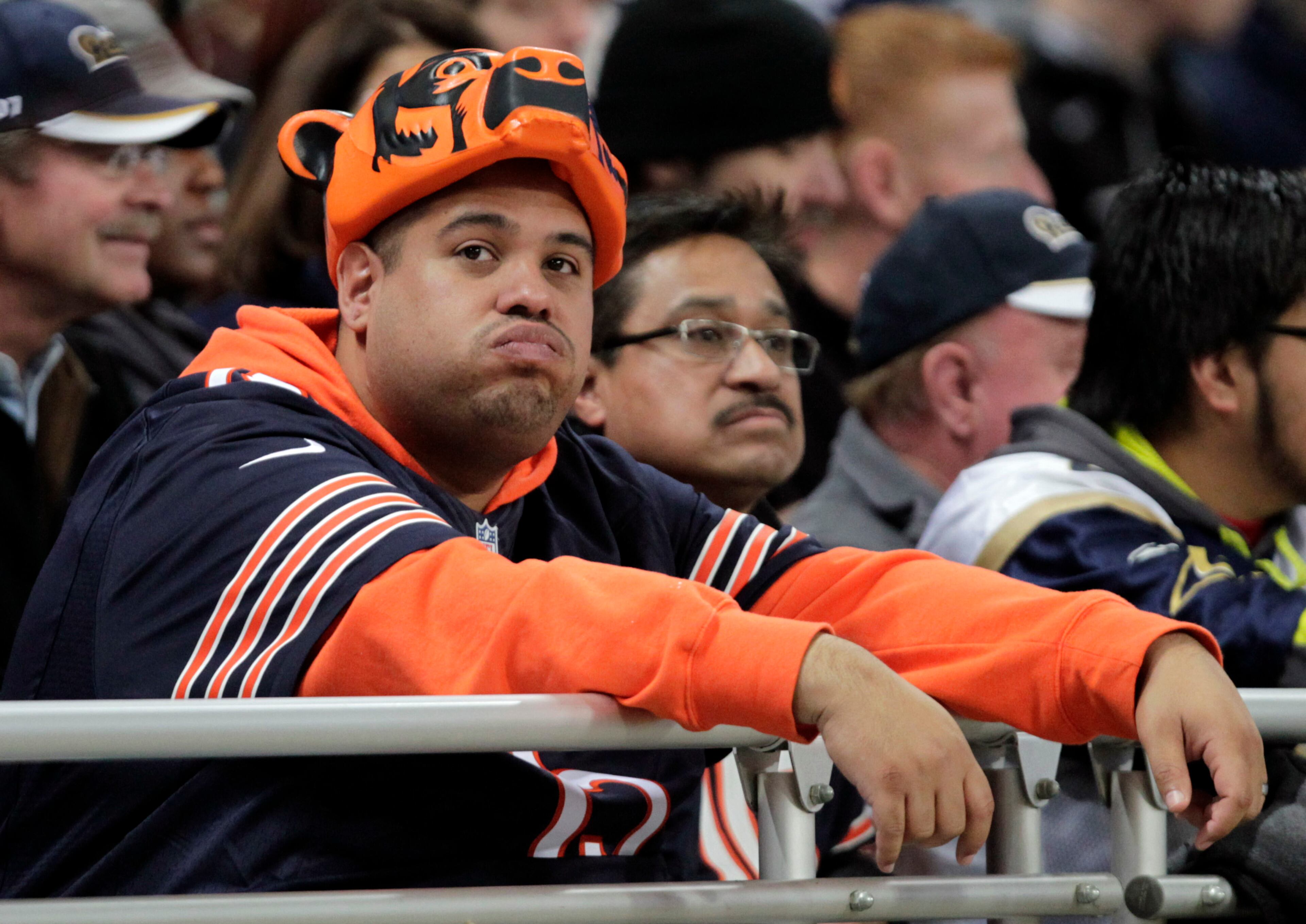 A football fan is seen in the stands during the first quarter of an NFL football game between the St. Louis Rams and the Chicago Bears on Sunday, Nov. 24, 2013, in St. Louis. (AP Photo/Tom Gannam)