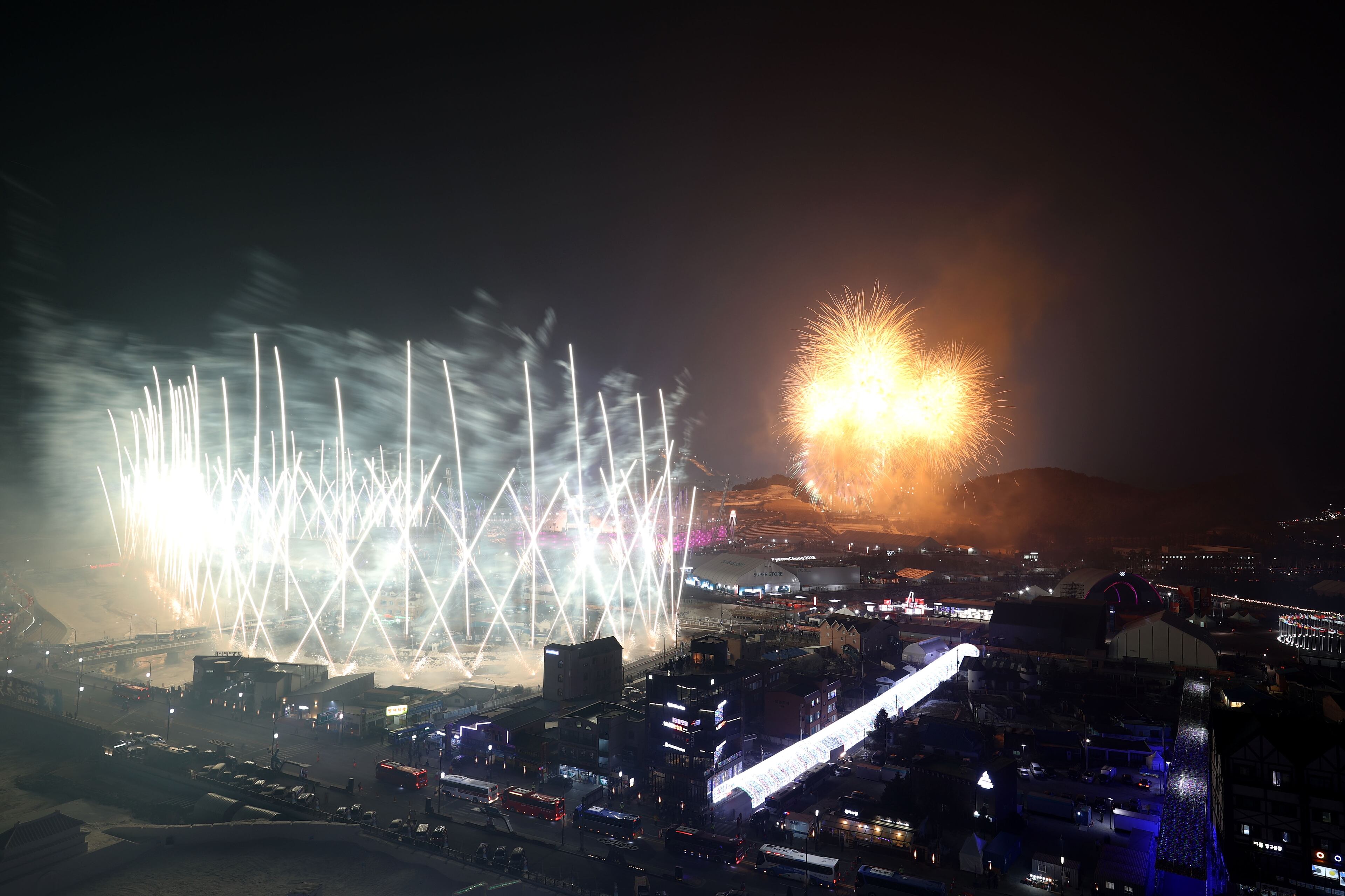 PYEONGCHANG-GUN, SOUTH KOREA - FEBRUARY 09: Fireworks are seen during the Opening Ceremony of the PyeongChang 2018 Winter Olympic Games at PyeongChang Olympic Stadium on February 9, 2018 in Pyeongchang-gun, South Korea. (Photo by Robert Cianflone/Getty Images)