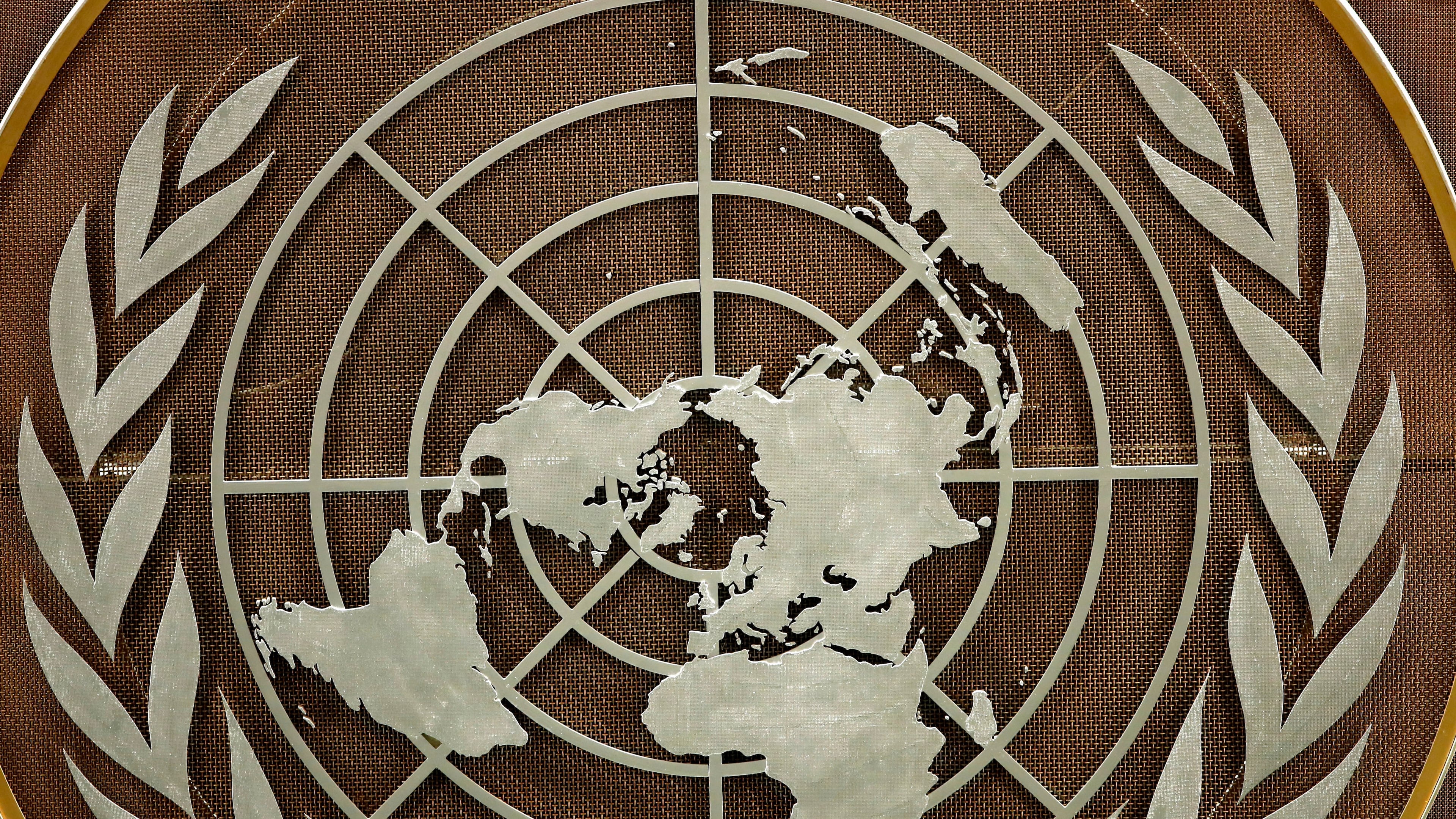 FILE - The United Nations logo is seen at the General Assembly hall at U.N. headquarters, Sept. 21, 2021. (Eduardo Munoz/Pool Photo via AP, file)