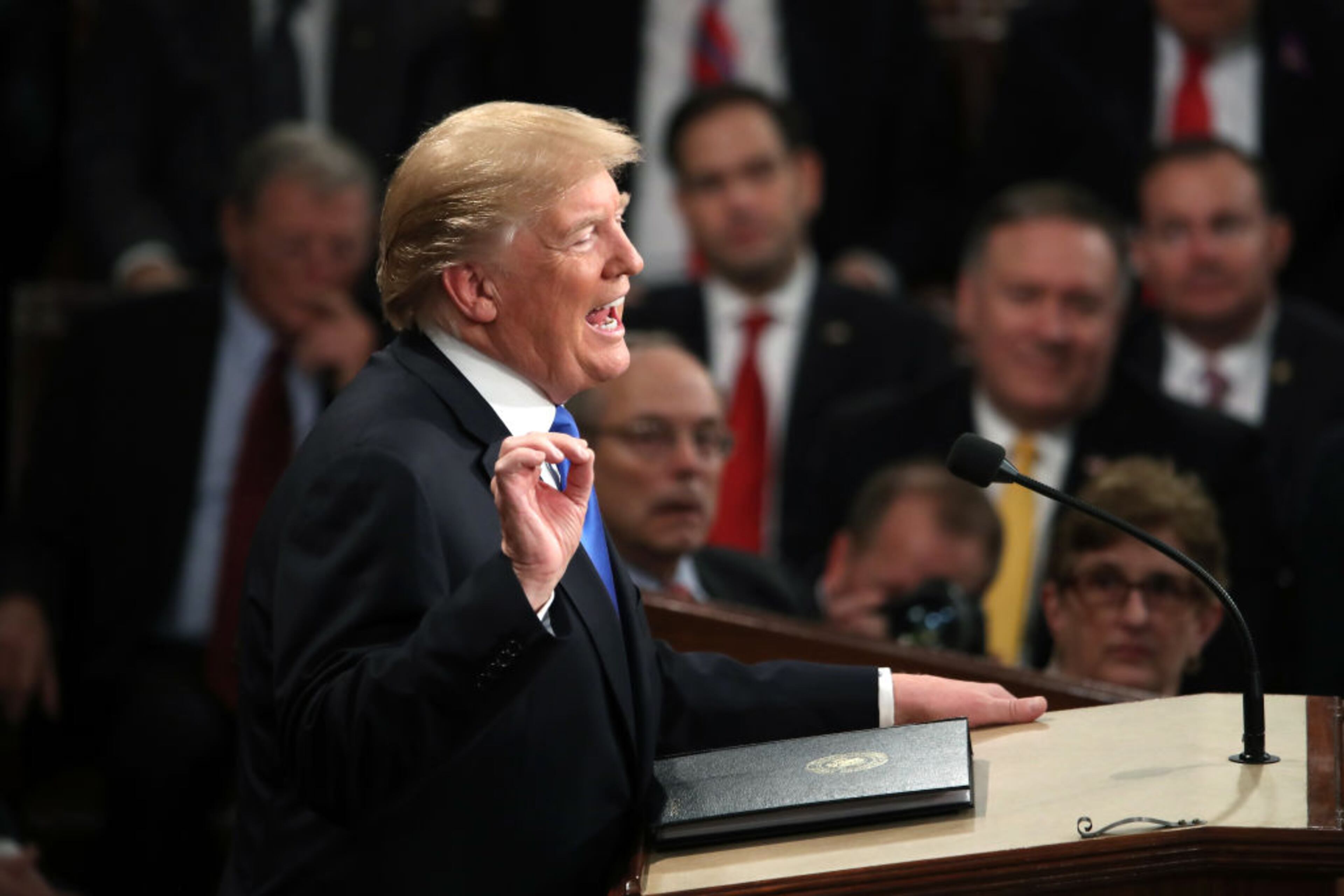 WASHINGTON, DC - JANUARY 30: U.S. President Donald J. Trump delivers the State of the Union address in the chamber of the U.S. House of Representatives January 30, 2018 in Washington, DC. This is the first State of the Union address given by U.S. President Donald Trump and his second joint-session address to Congress. (Photo by Mark Wilson/Getty Images)