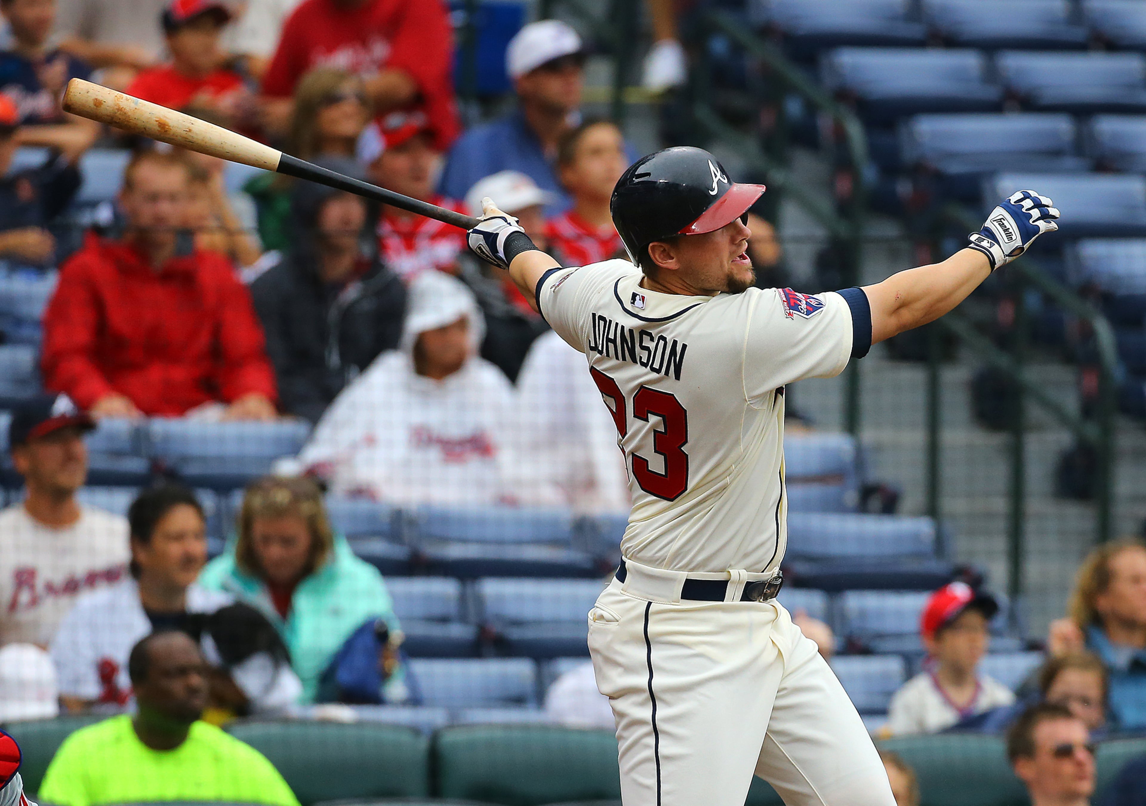 Braves Chris Johnson hits a 2-run homer to take a 2-1 lead over the Phillies during the second inning of an MLB game on Sunday, July 20, 2014, in Atlanta. CURTIS COMPTON / CCOMPTON@AJC.COM