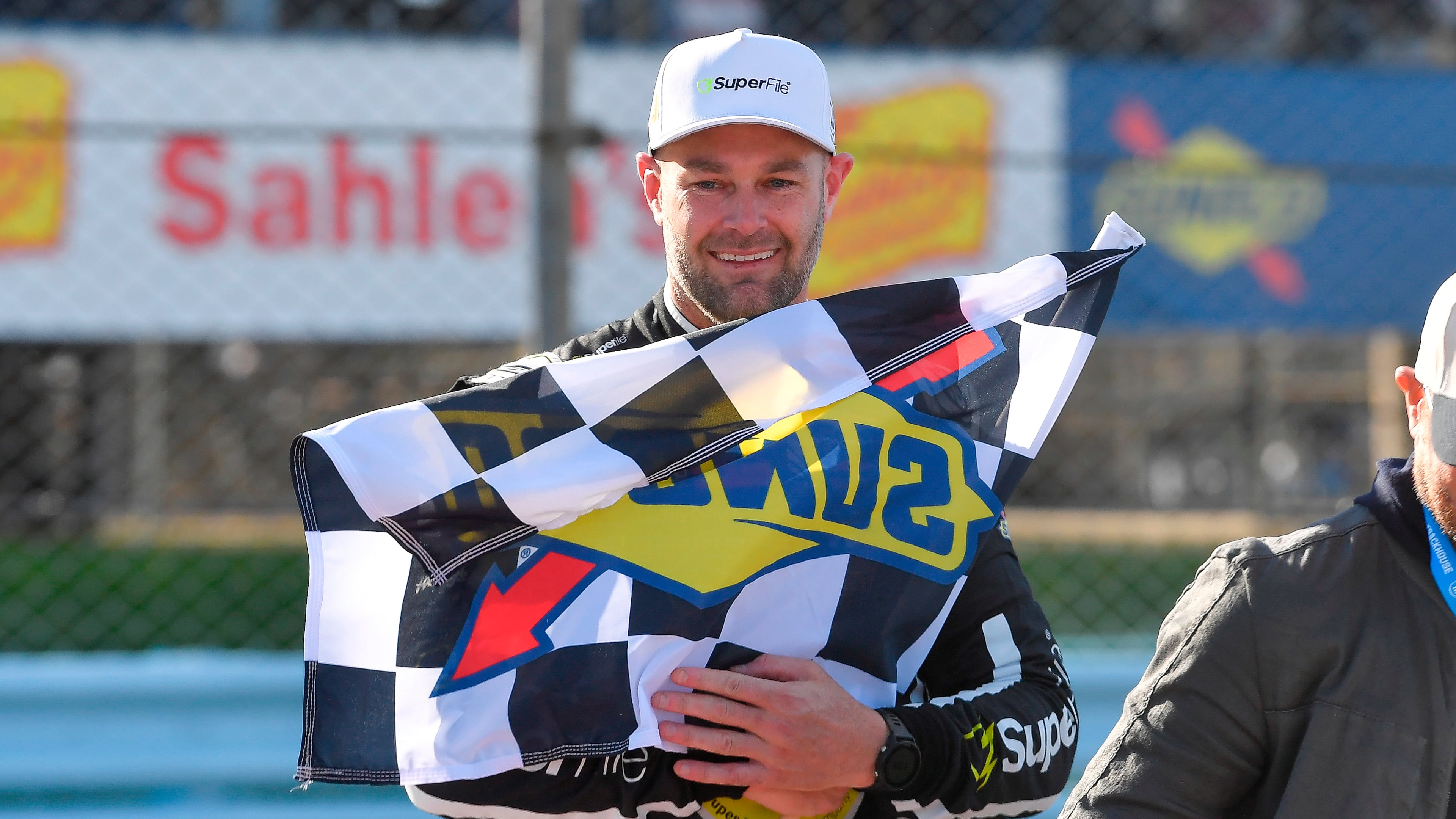 Shane Van Gisbergen celebrates after winning a NASCAR Cup Series auto race, Sunday, May 10, 2026, in Watkins Glen, N.Y. (Photo/Adrian Kraus)