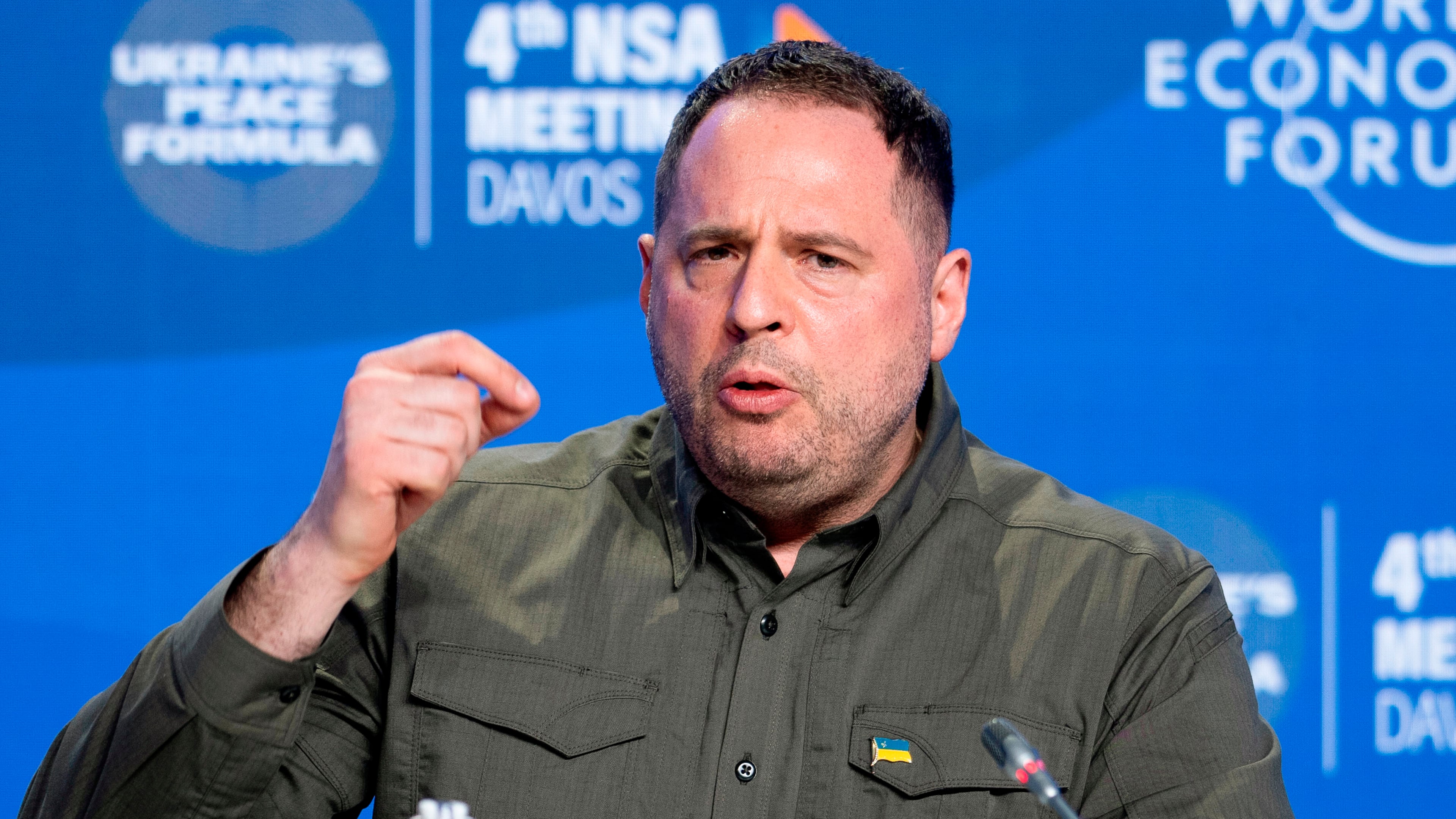 FILE - Ukraine's Head of the Office of the President Andrii Yermak speaks at a news conference in Davos, Switzerland, Jan. 14, 2024. (AP Photo/Markus Schreiber, File)