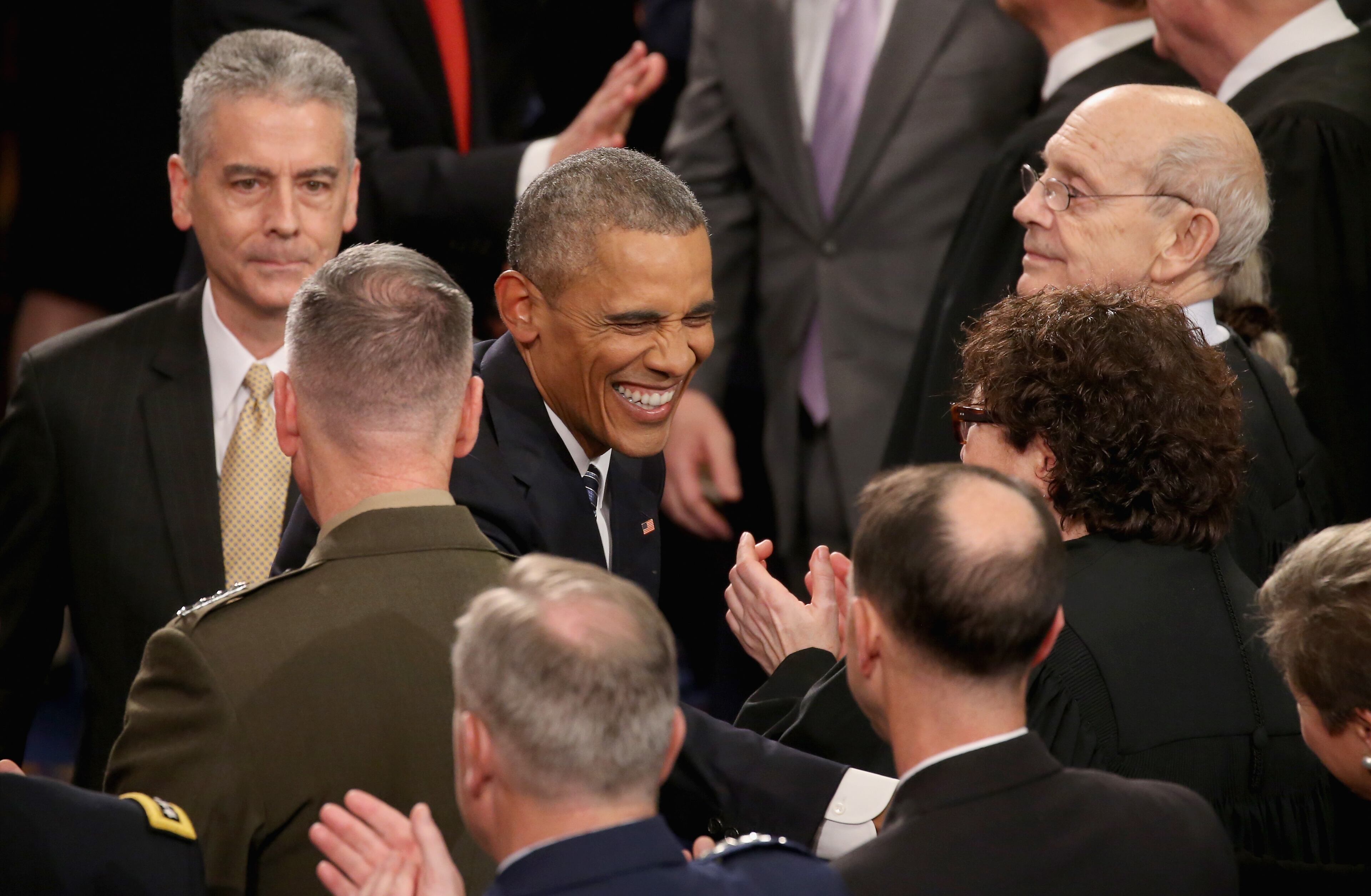 President Barack Obama greets members of Congress and U.S. Supreme Court Associate Justice Sonia Sotomayor as he arrives to deliver his State of the Union speech before members of Congress on January 12, 2016 in Washington, DC. (Photo by Mark Wilson/Getty Images)