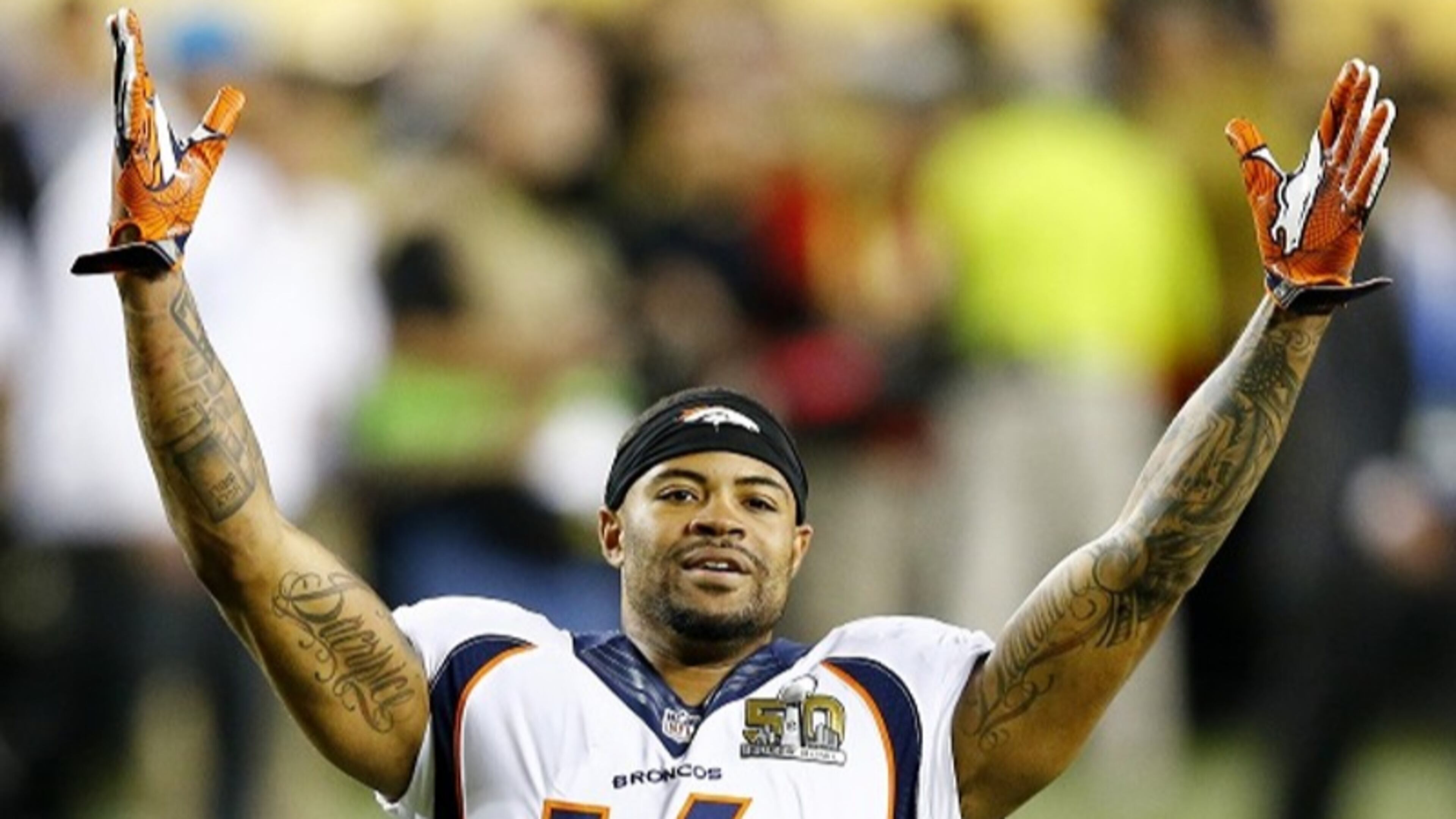 NFL receiver Cody Latimer, #14 of the Denver Broncos, reacts as the Broncos defeat the Carolina Panthers 24-10 during Super Bowl 50 at Levi's Stadium on Feb. 7, 2016, in Santa Clara, California.