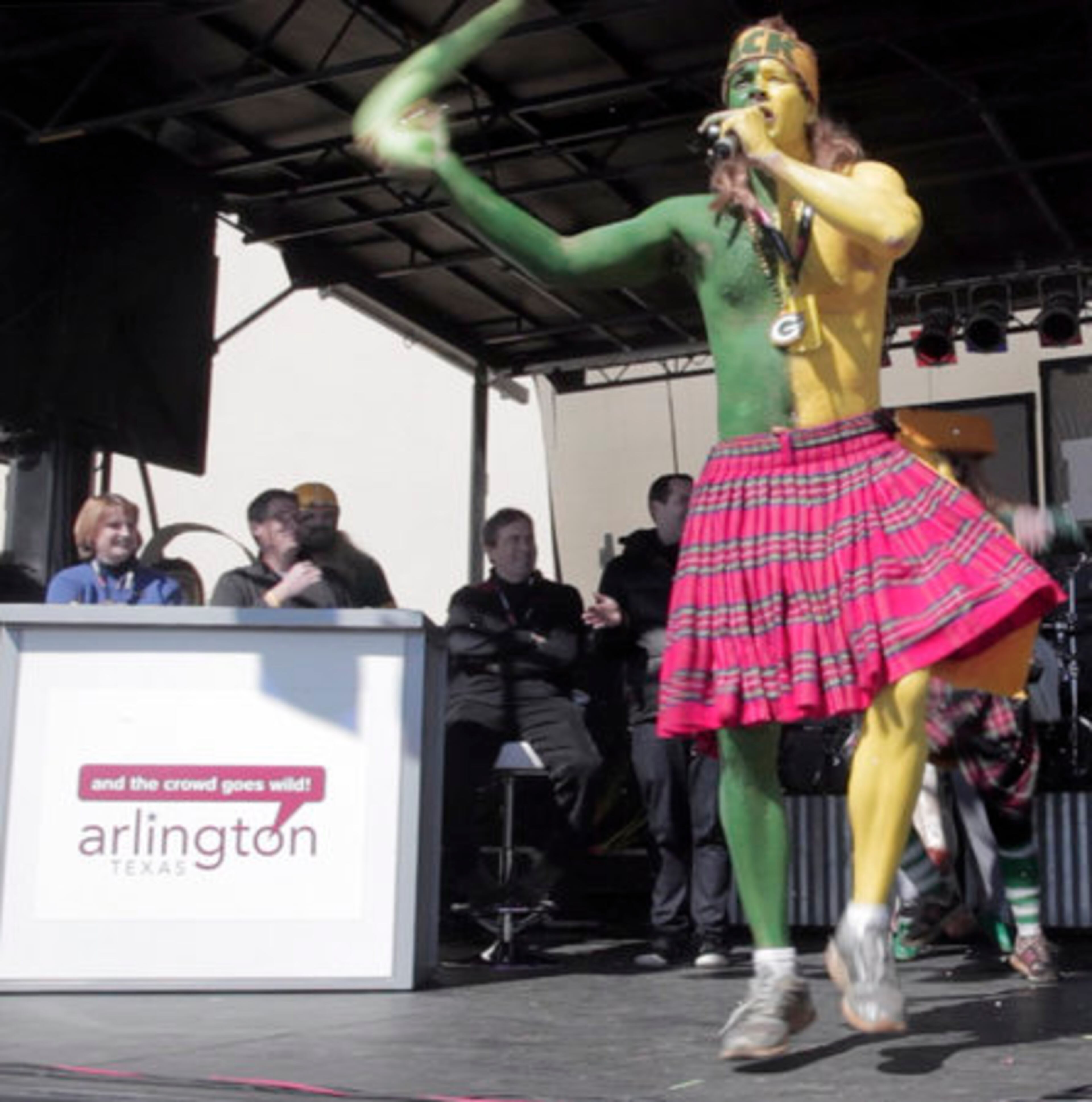 Matt Newman of Green Bay, Wis. performs a Scottish jig in the semi-final round at the Craziest Fan Contest in Arlington, Texas on Saturday Feb. 5, 2011. The winner of the contest won two tickets to Super Bowl XLV.