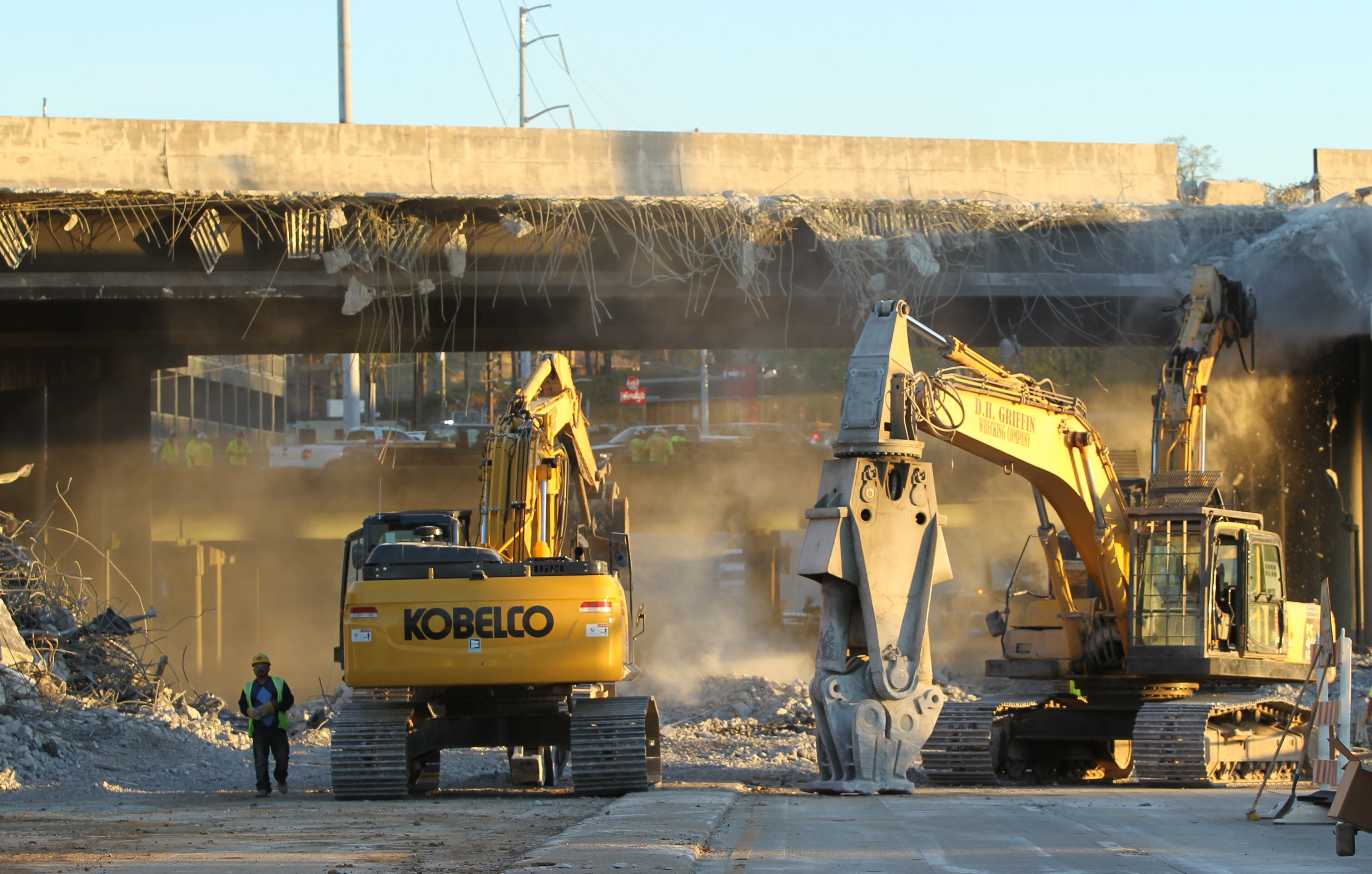 April 1, 2017, Atlanta, Georgia - Crews continue to demolish small sections of I-85 connected to parts damaged by a fire that brought down a section of bridge on I-85 NB in Atlanta, Georgia, on April 1, 2017. (HENRY TAYLOR / HENRY.TAYLOR@AJC.COM)