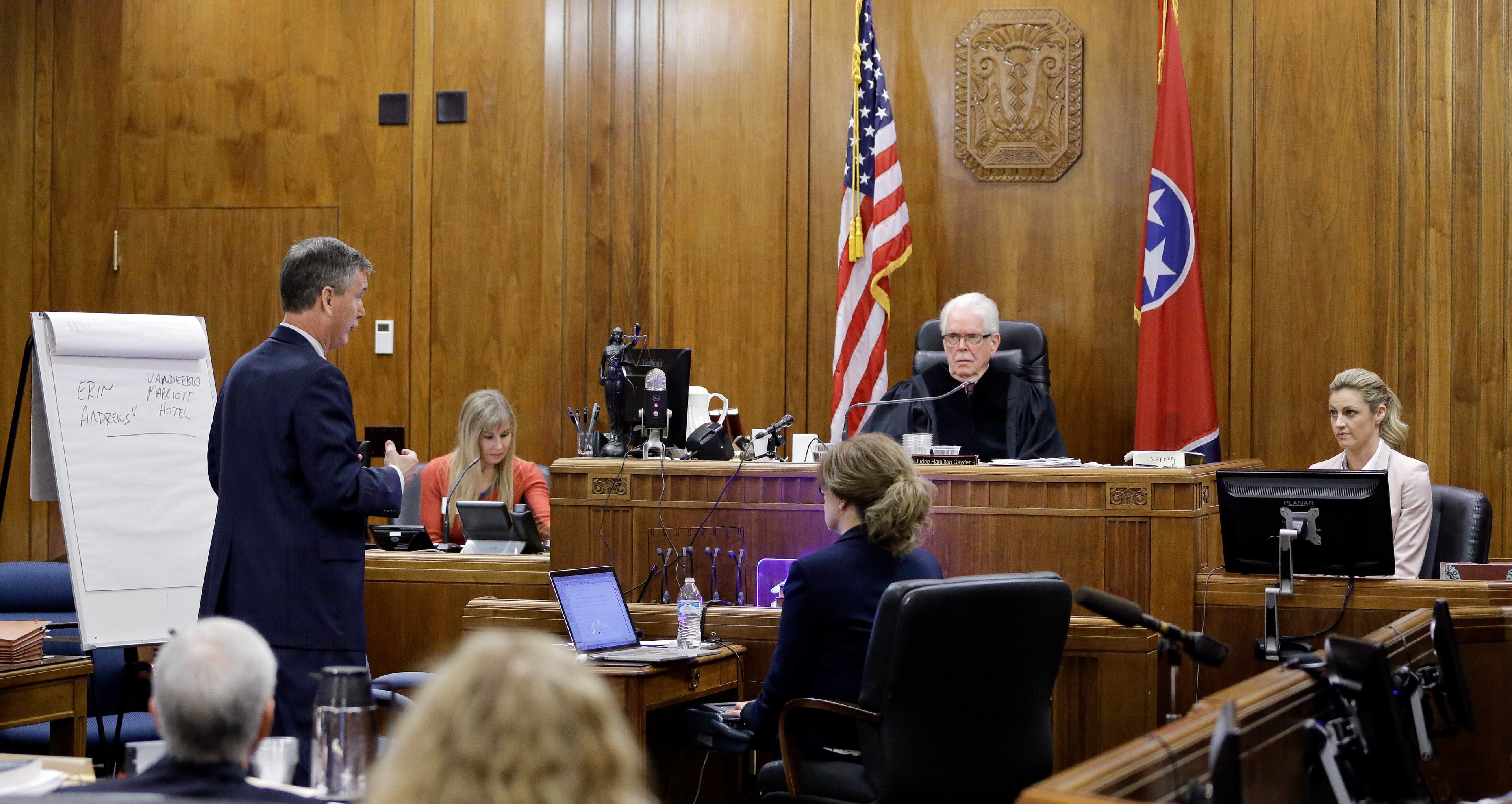 Andrews has filed a $75 million lawsuit against her stalker and the owner and operator of the Nashville Marriott at Vanderbilt. The hotel is a franchise. Jurors will have to determine whether the companies share some of the blame after stalker Michael David Barrett altered a peephole in her hotel room in September 2008 to shoot the secret video footage. They also will have to determine how much Andrews suffered emotionally as a result. (AP Photo/Mark Humphrey, Pool)