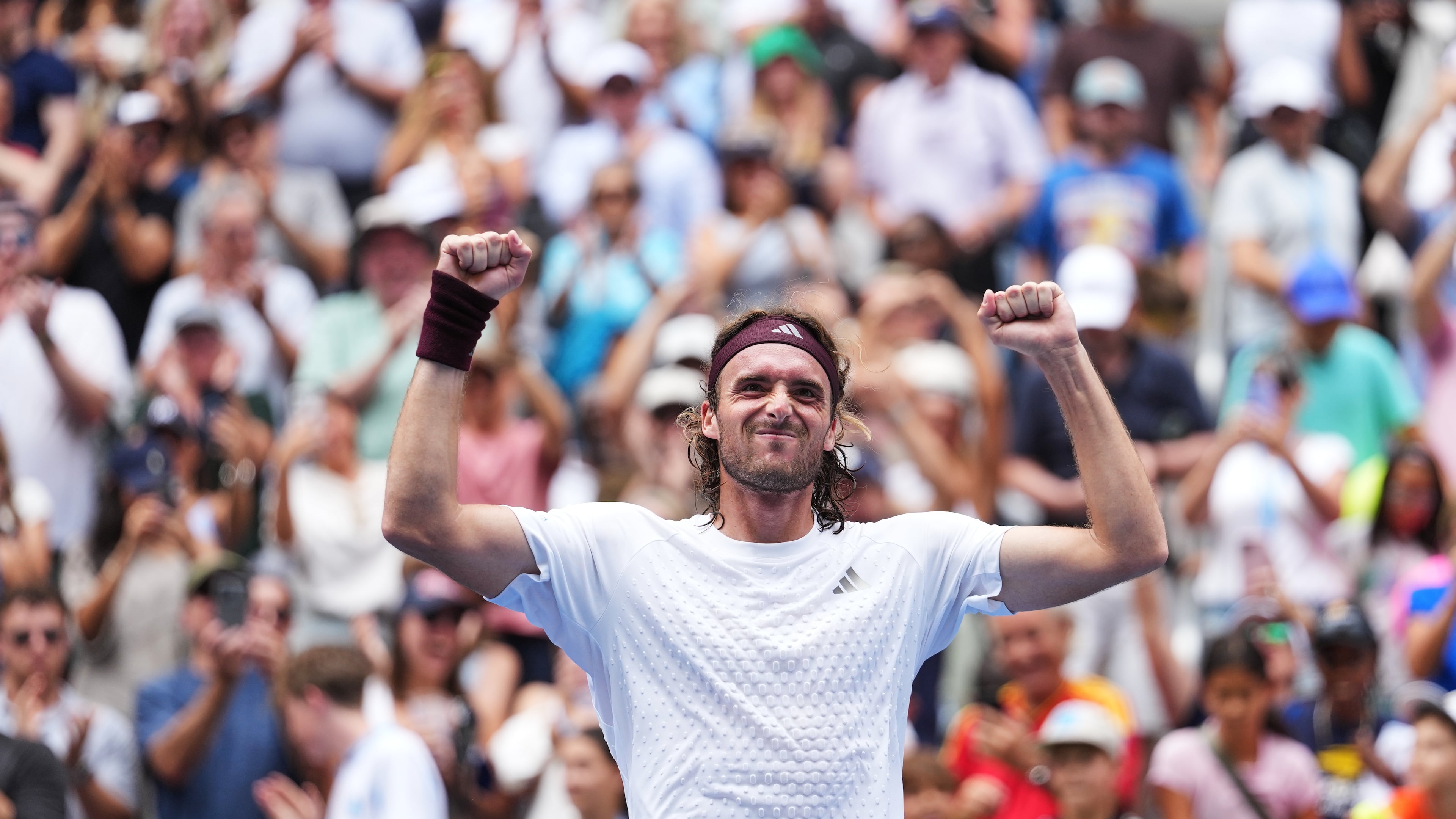 Stefanos Tsitsipas, of Greece, celebrates winning a match against Arthur Fils, of France, during the first round of the U.S. Open tennis championships, Monday, Aug. 31, 2026, in New York. (AP Photo/Kirsty Wigglesworth)